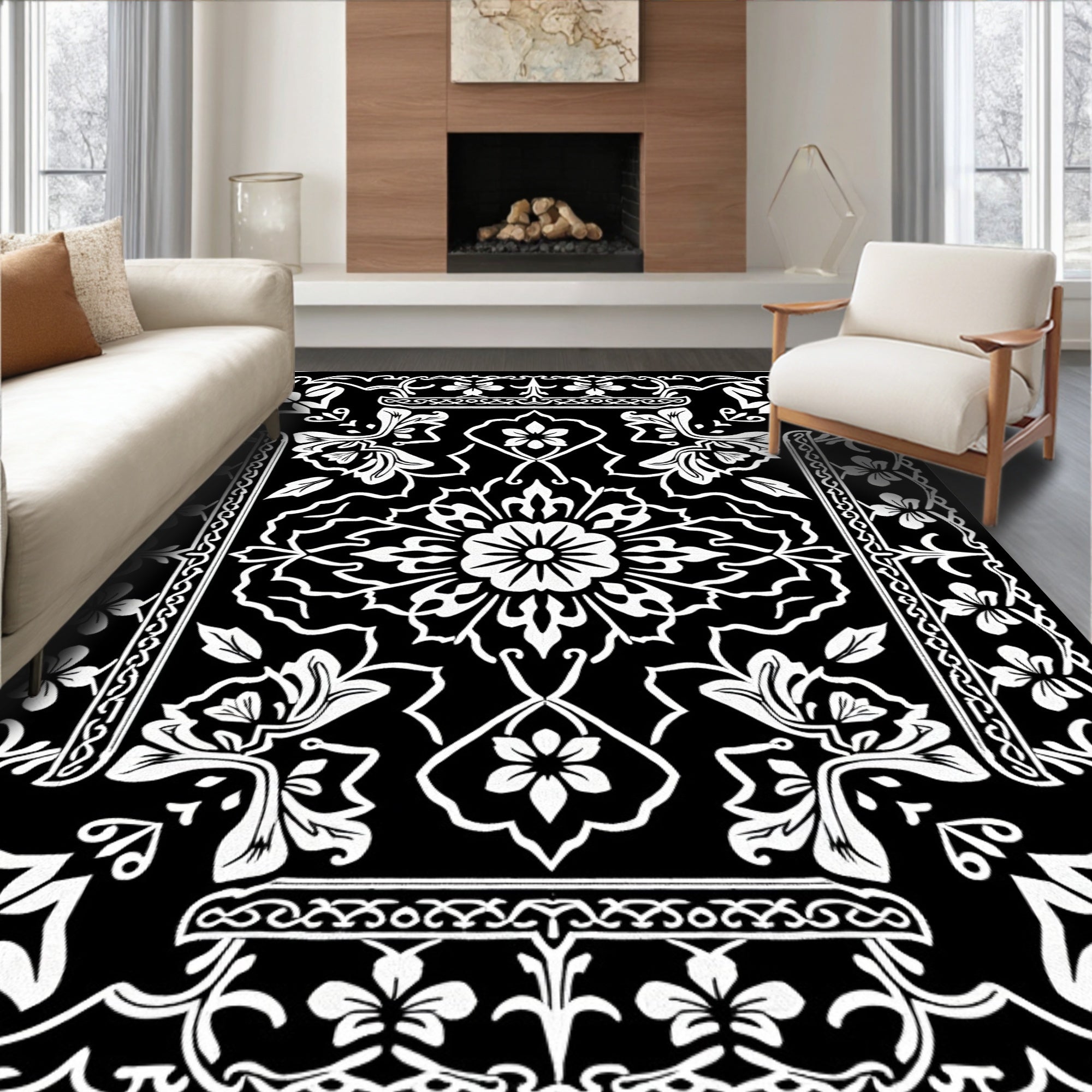 Ornate Floral Abstract Black and White Rug