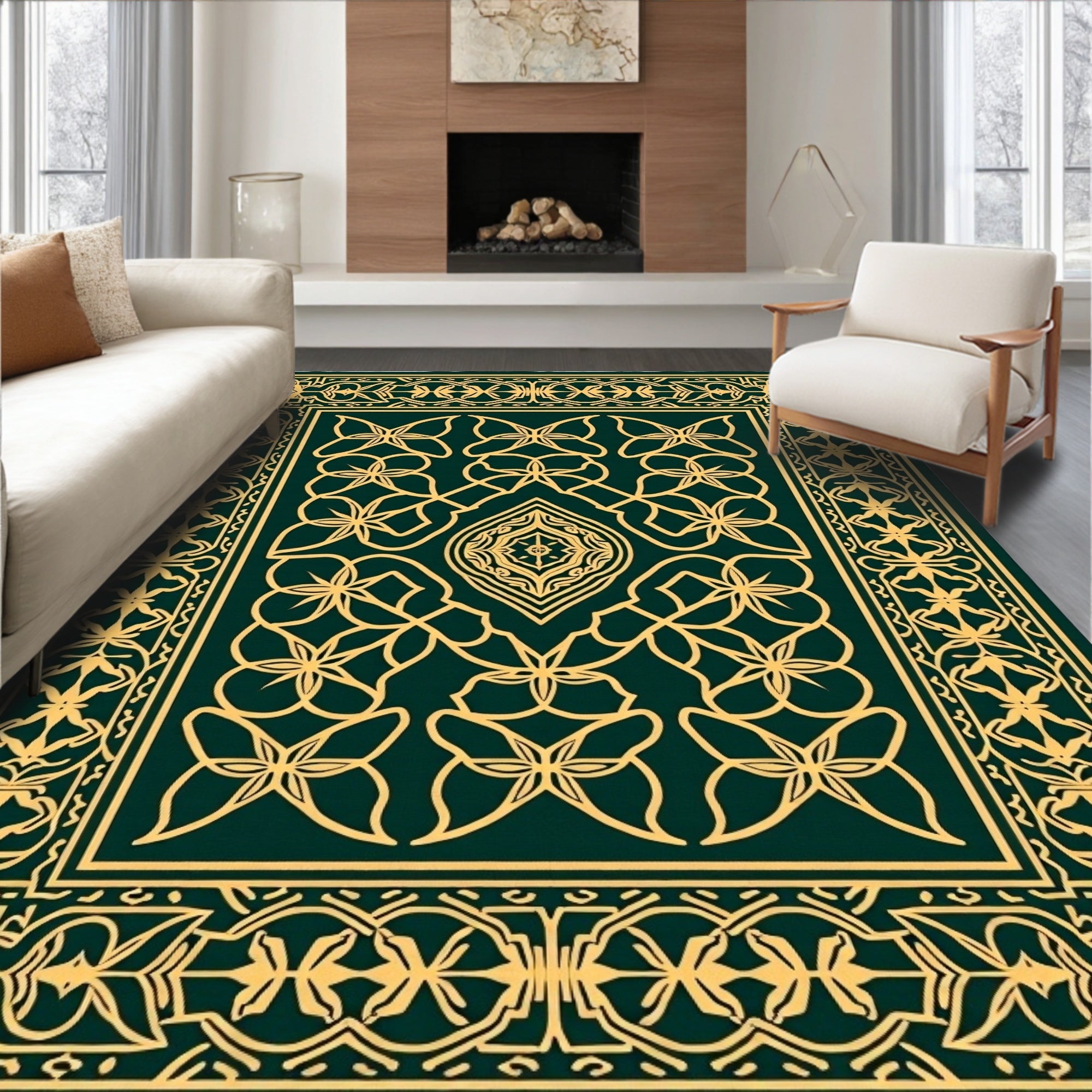 Elegant Gold Interlocking Floral Design Rug