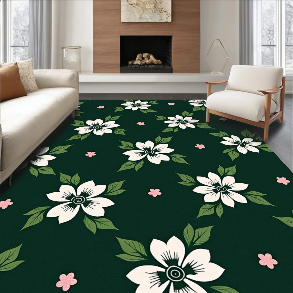 White Flower Pattern with Green Leaves Rug