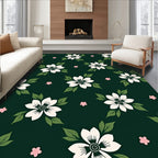 White Flower Pattern with Green Leaves Rug