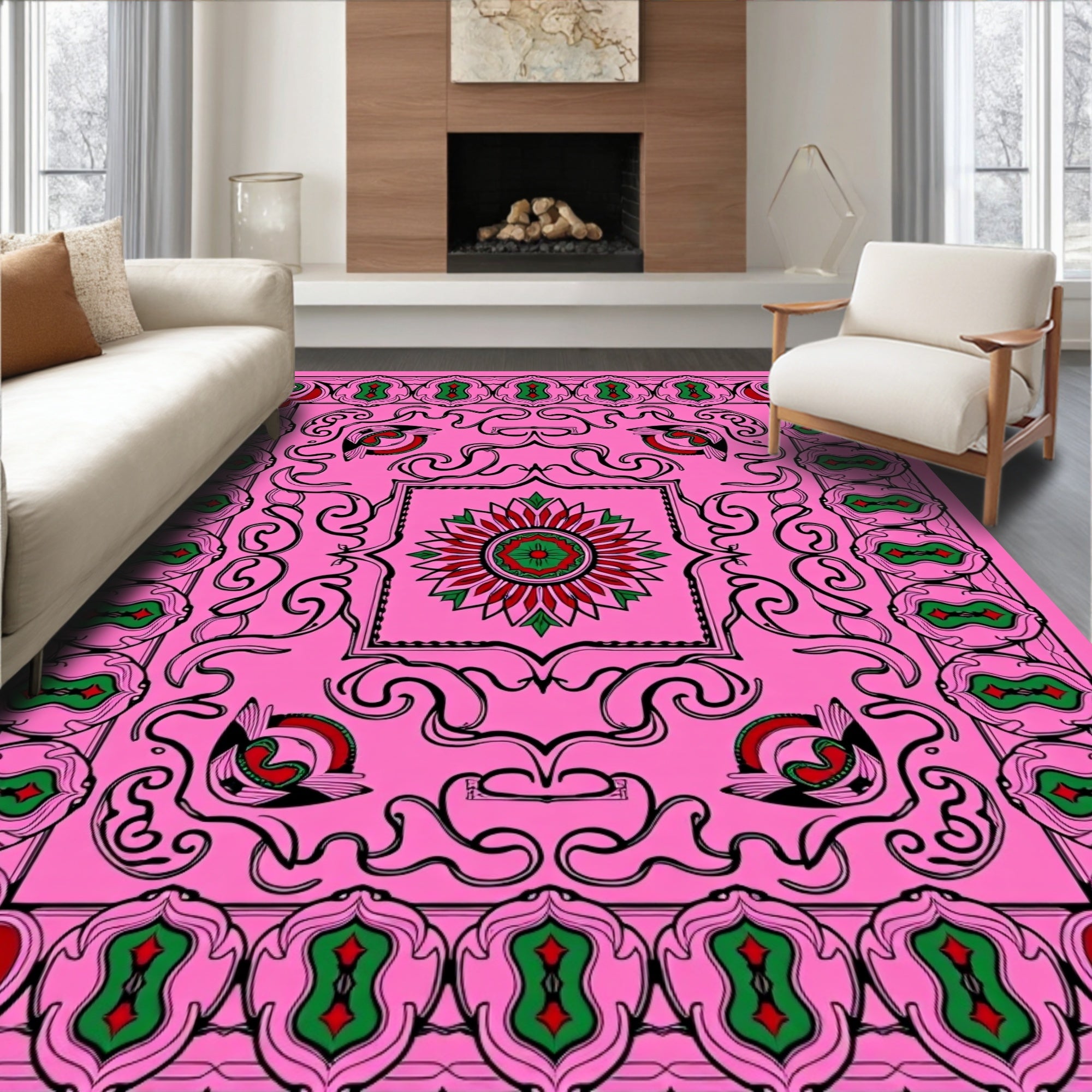 Pink Floral And Scrollwork Rug
