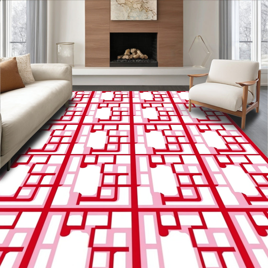 Geometric Red White Lattice Pattern Rug
