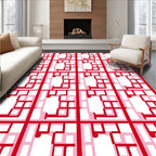 Geometric Red White Lattice Pattern Rug