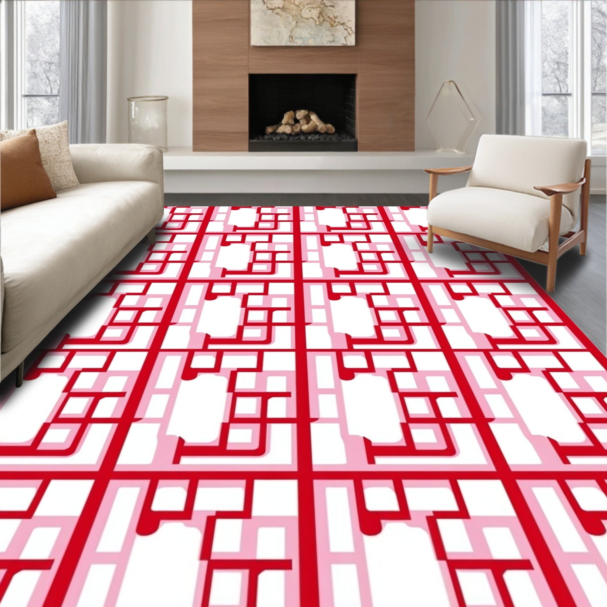 Geometric Red White Lattice Pattern Rug