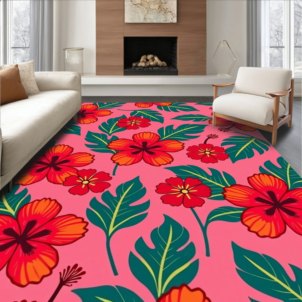 Tropical Red Flower Pattern Rug