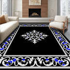 Ornate White Blue Floral Frame Pattern Rug