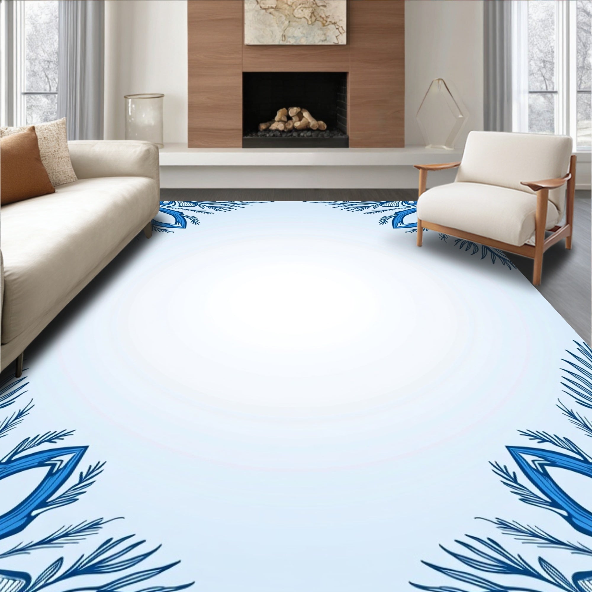 Cool Blue Floral Corner Medallion Rug