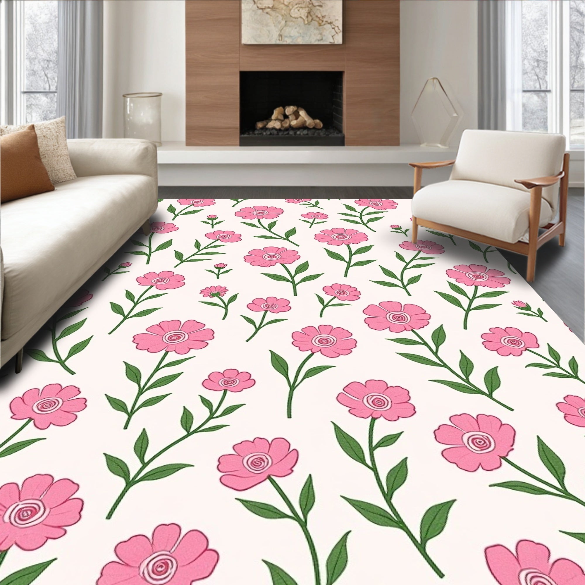 Pink Floral Pattern Garden Design Rug