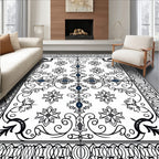 Elaborate Black White Floral Scroll Design Rug
