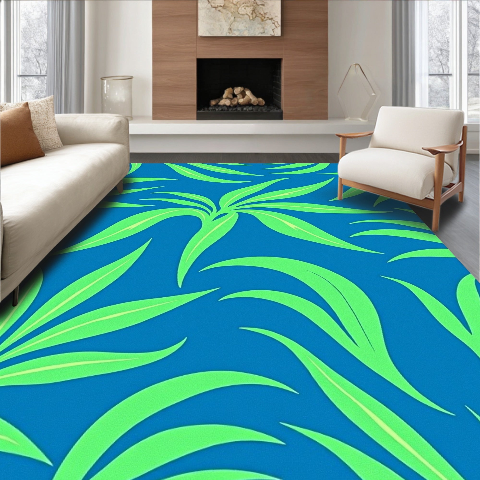 Bold Green Leaf Pattern Rug