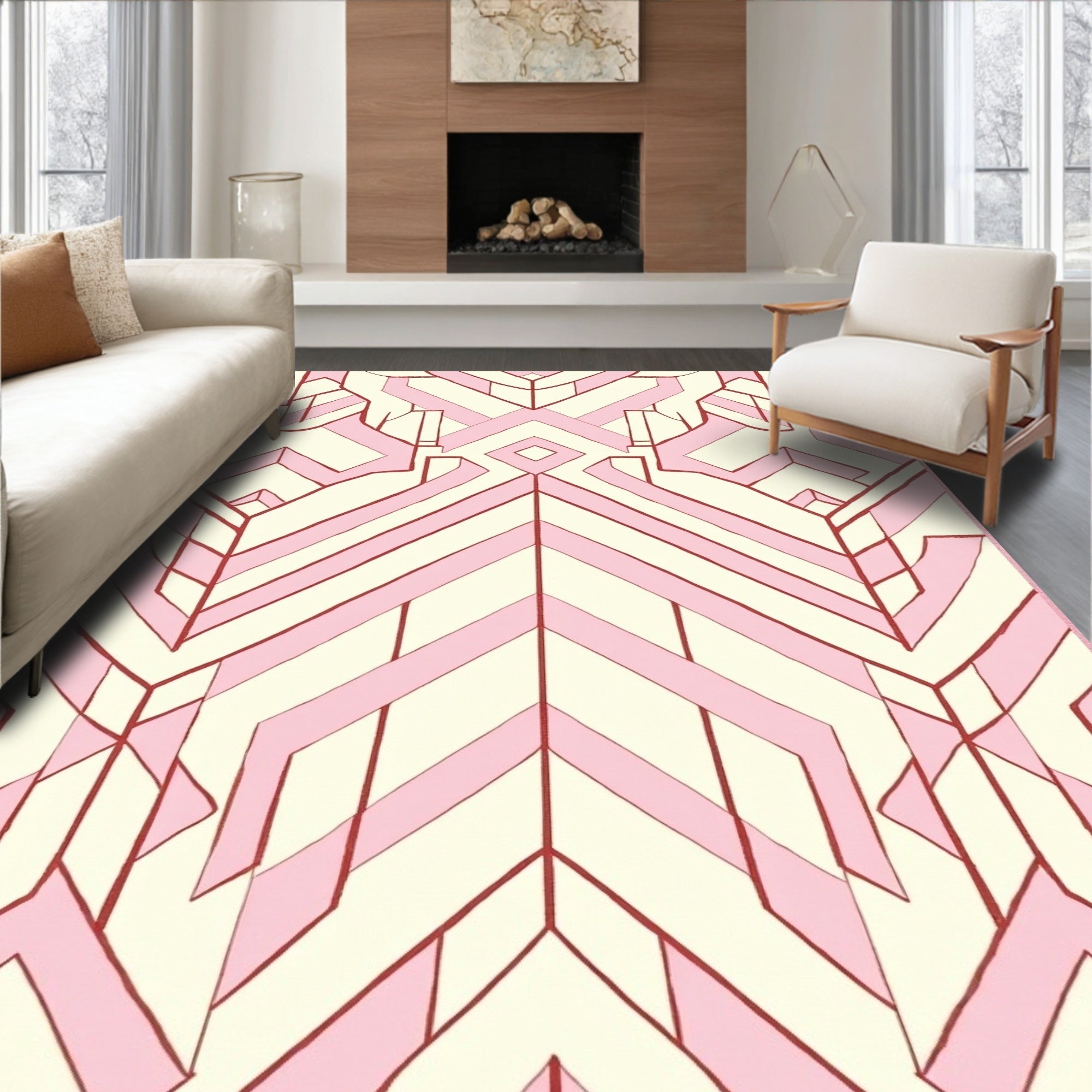 Geometric Pink Cream Art Deco Design Rug