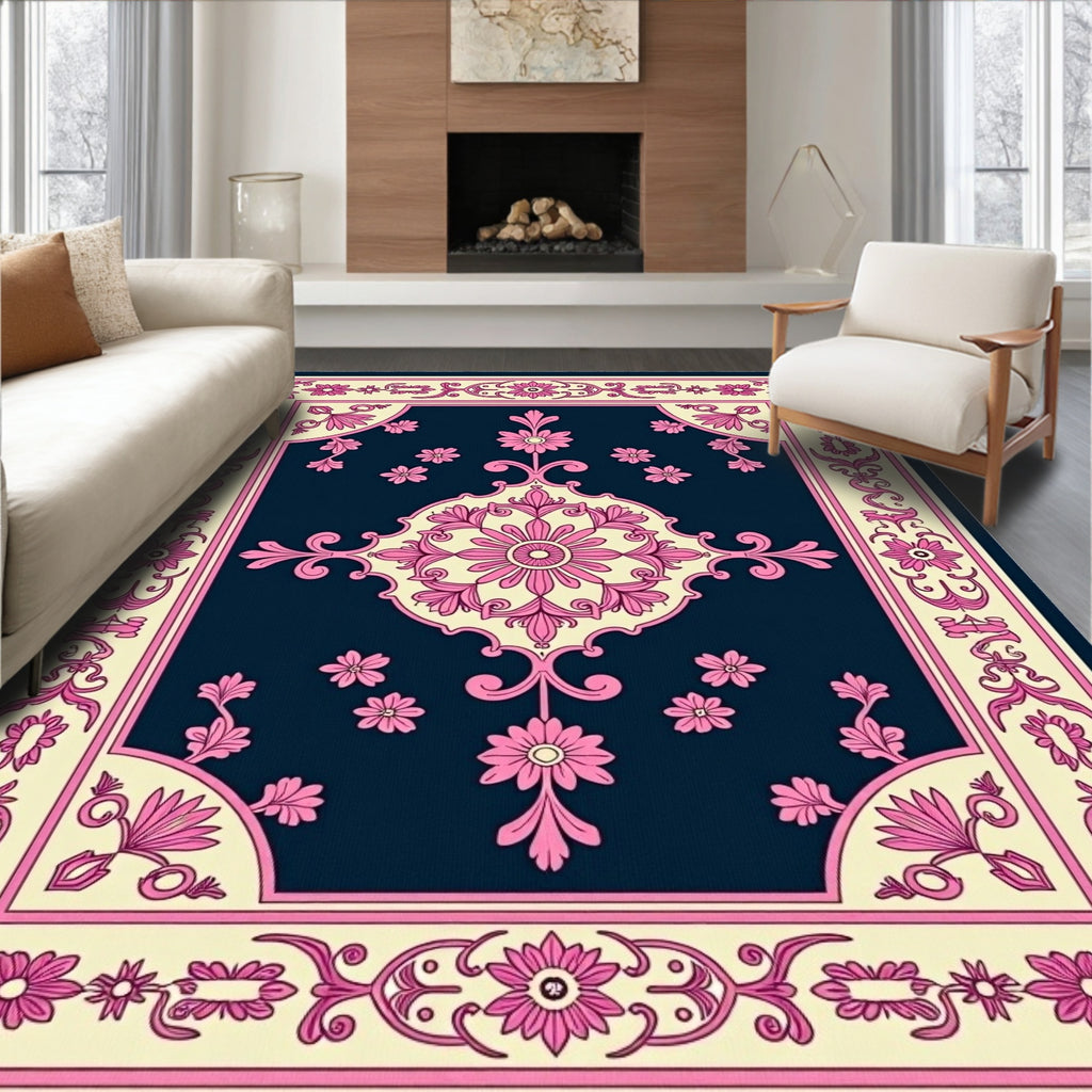 Classic Floral Medallion Pink Blue Rug