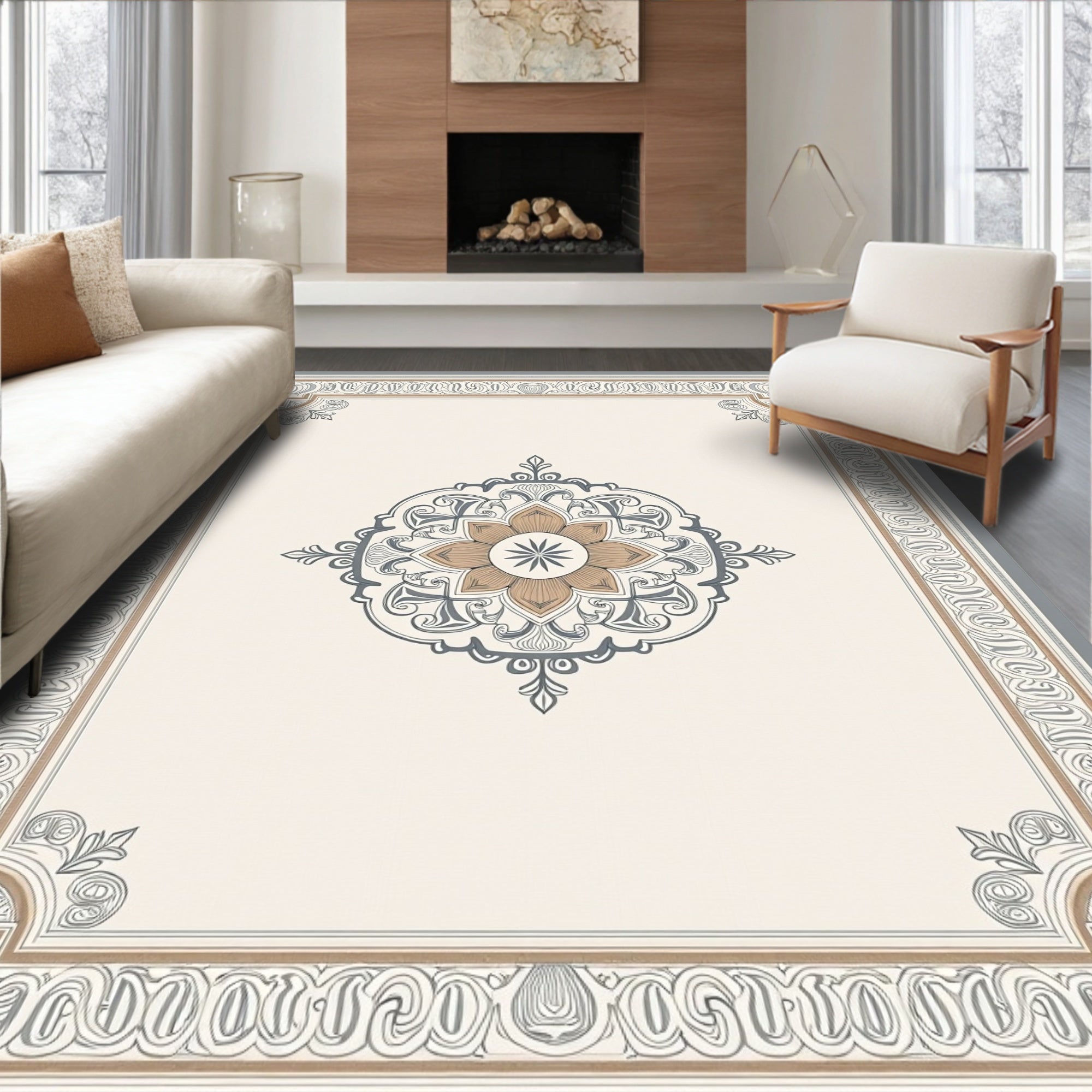 Ornate Mandala With Geometric Border Design Rug