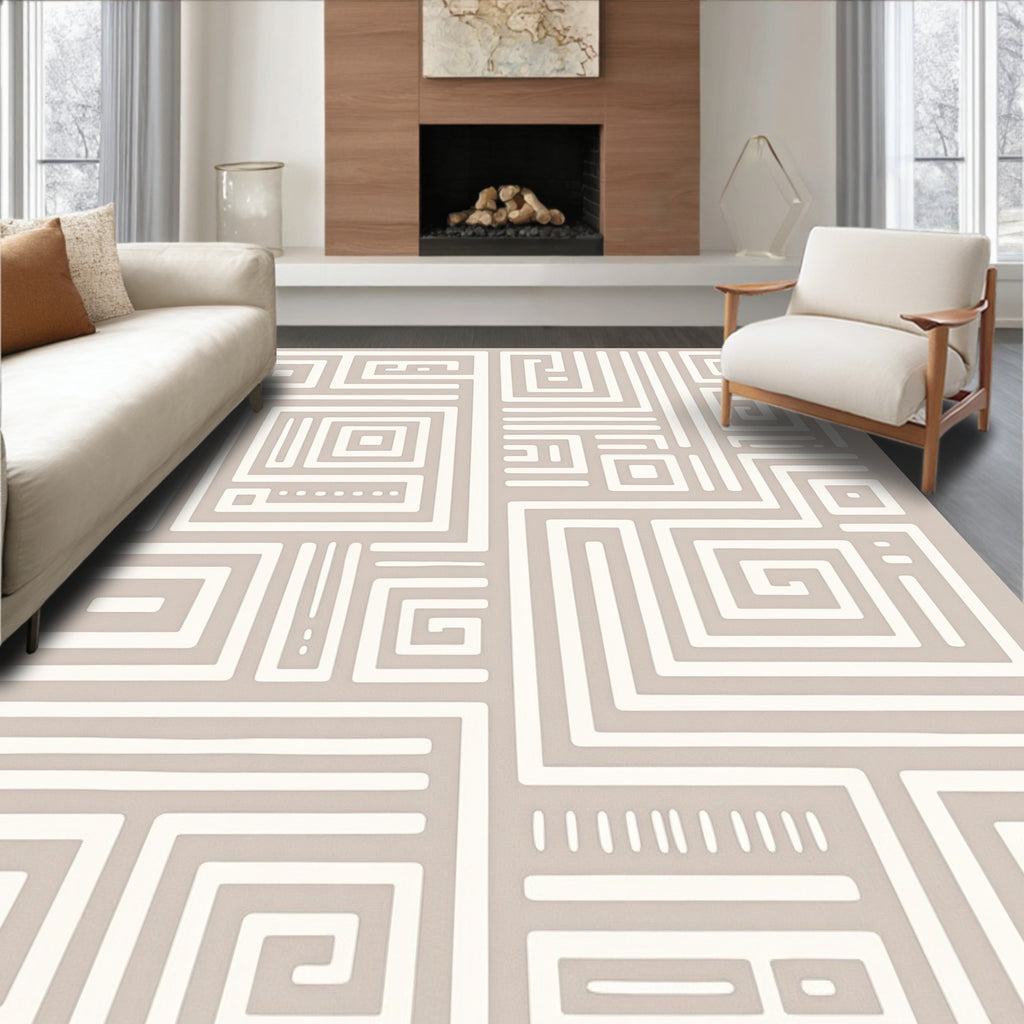 Taupe Abstract Geometric Maze Rug