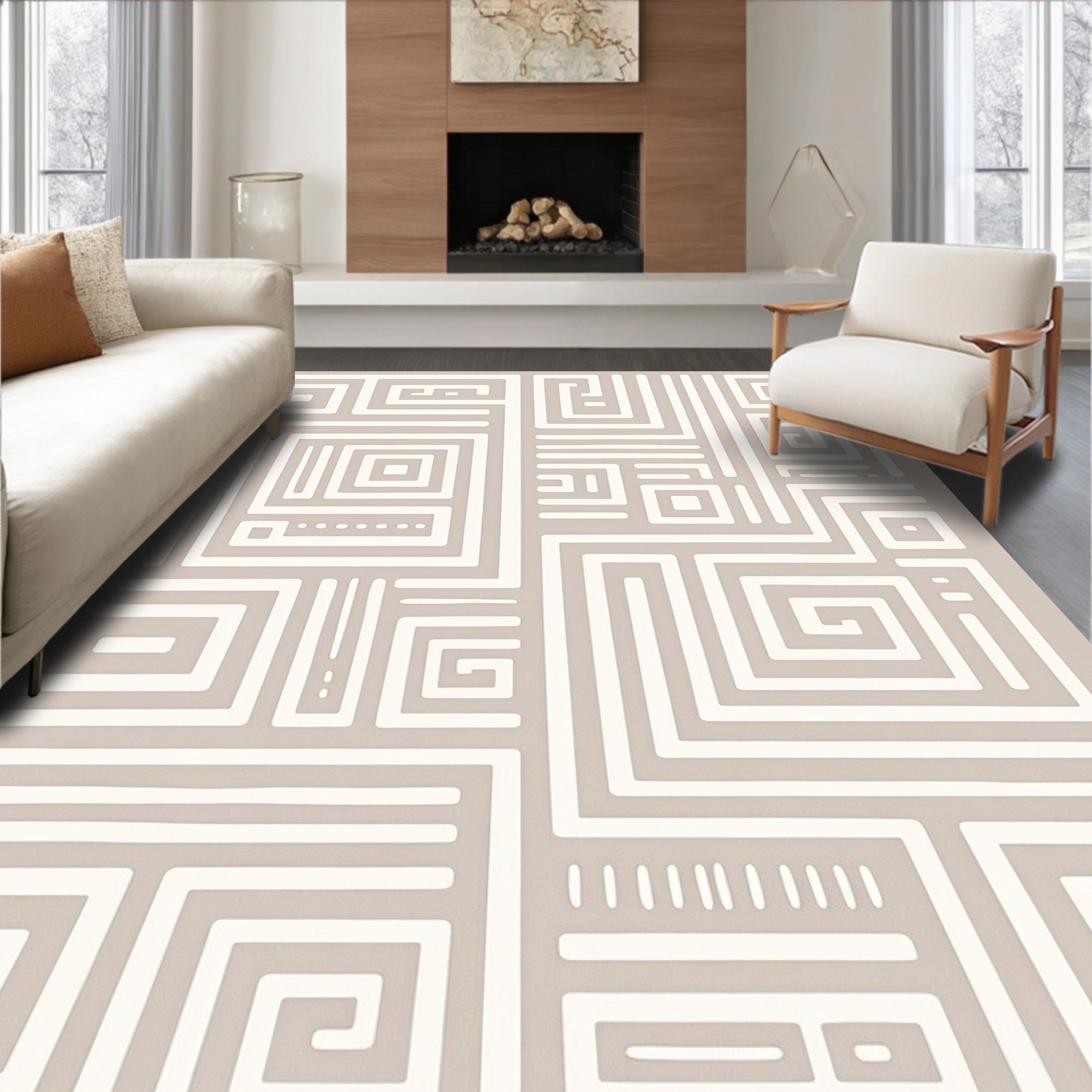 Taupe Abstract Geometric Maze Rug