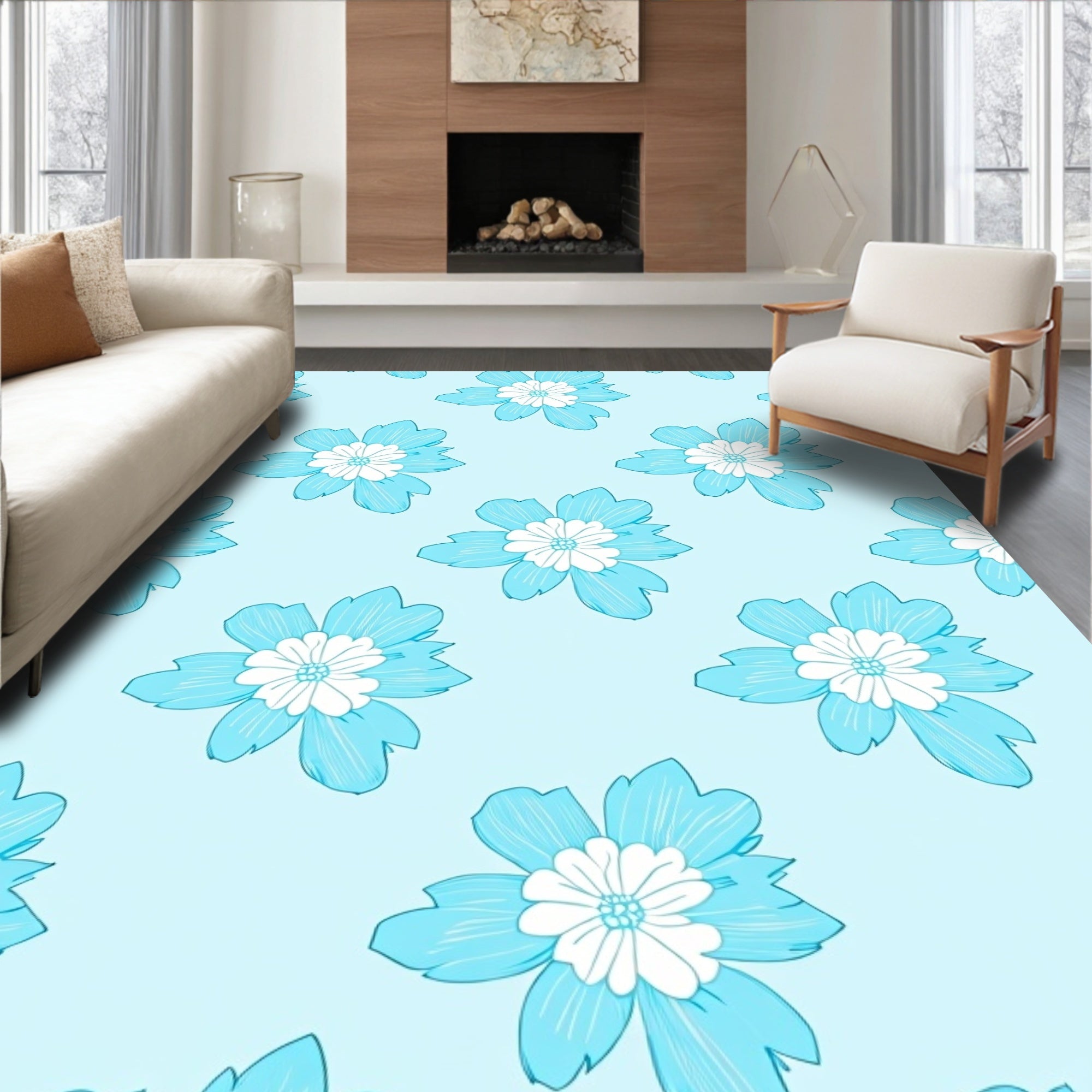Light Blue Floral Pattern Rug