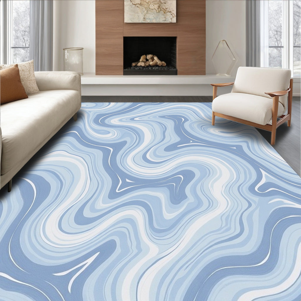 Blue Swirl Marbled Abstract Design Rug