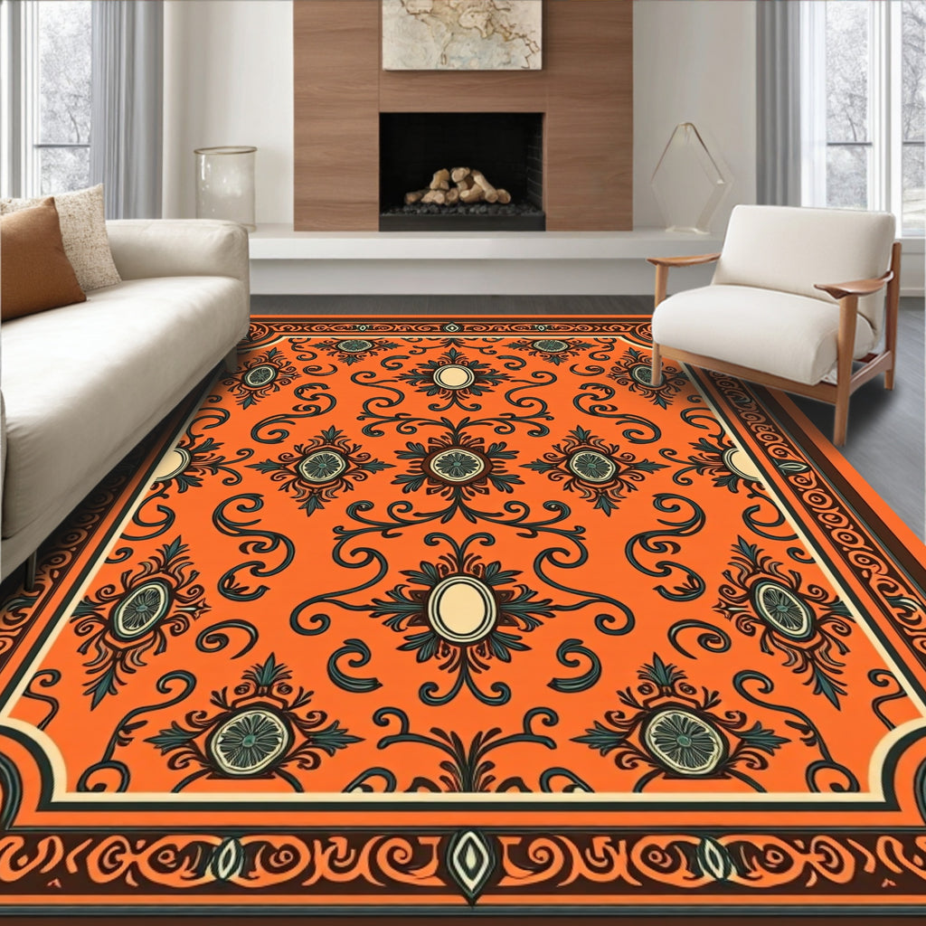 Orange Floral Scrollwork Classic Rug