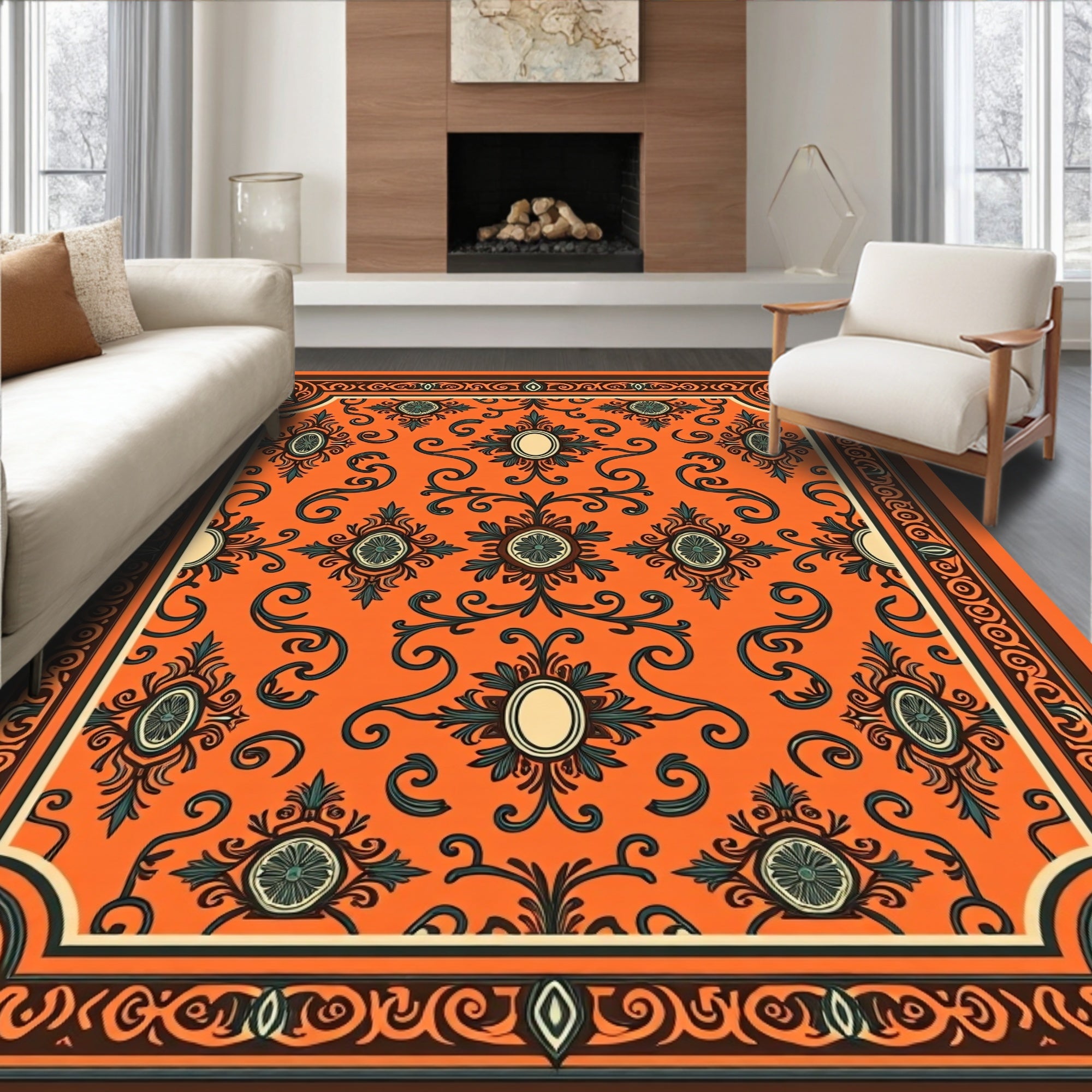 Orange Floral Scrollwork Classic Rug