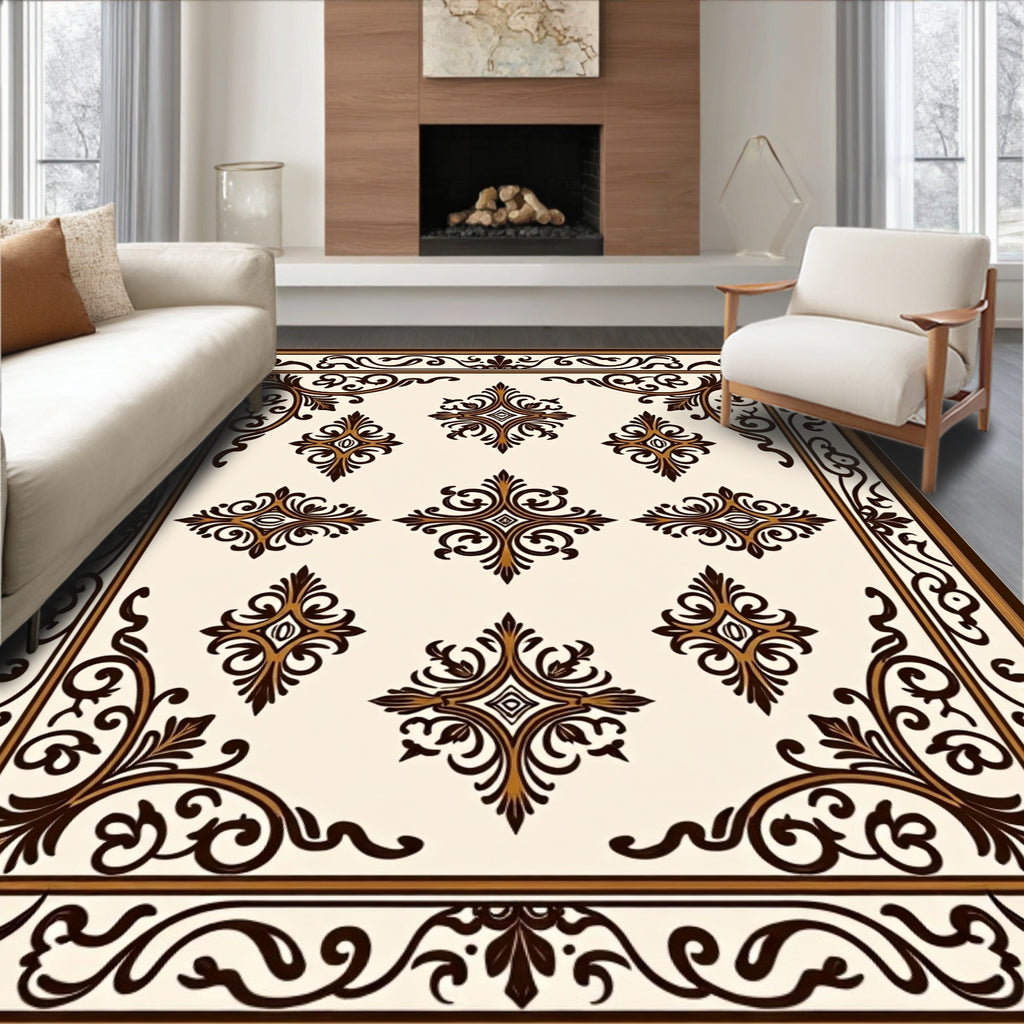 Ornate Scrollwork Cream Brown Classic Rug