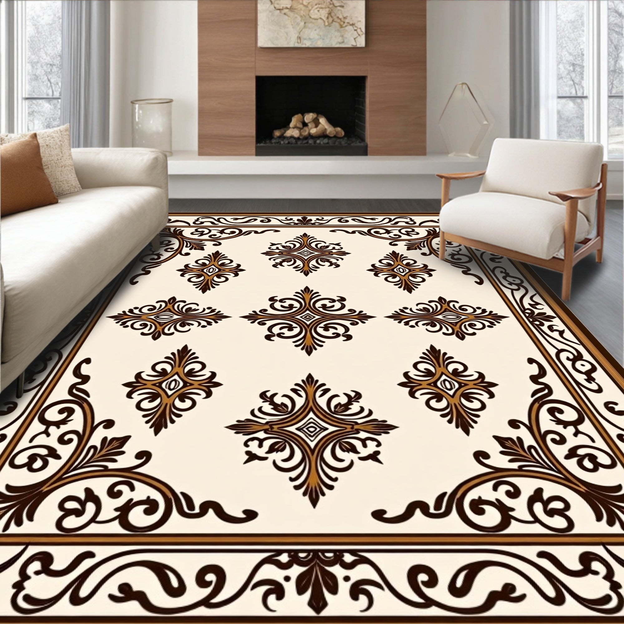 Ornate Scrollwork Cream Brown Classic Rug