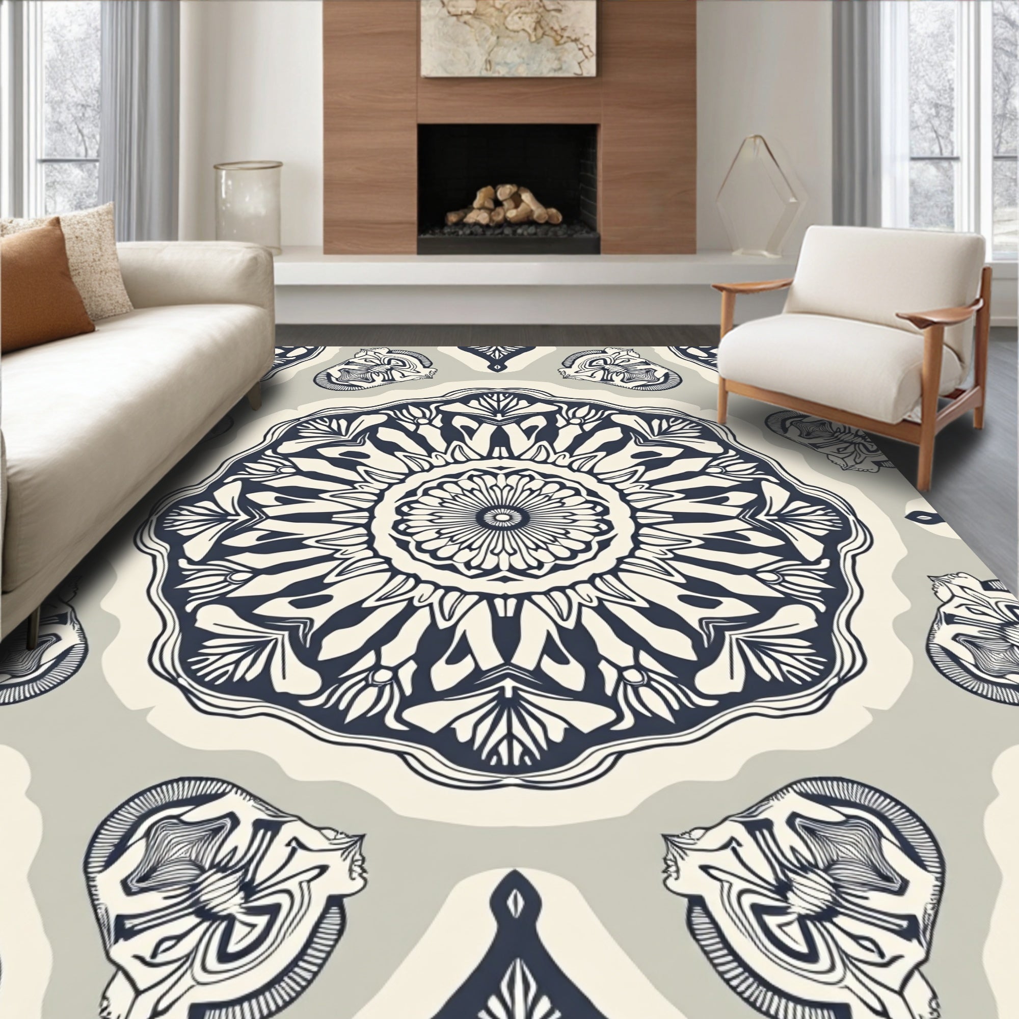 Black Cream Intricate Mandala Pattern Rug