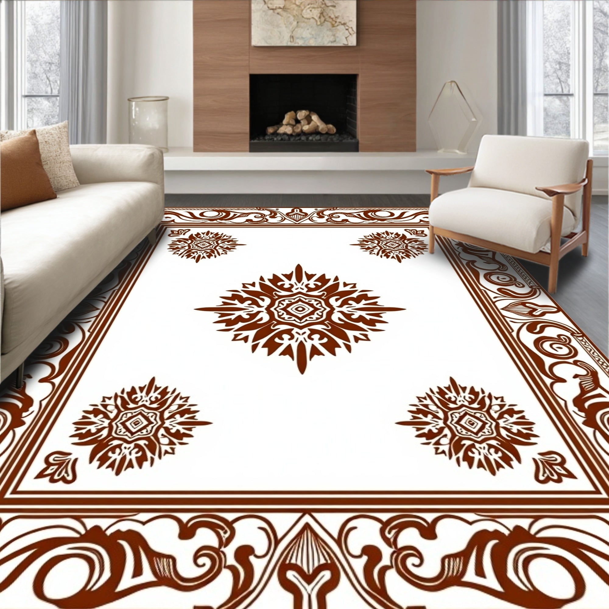Brown Floral Scrollwork Mandala Design Rug