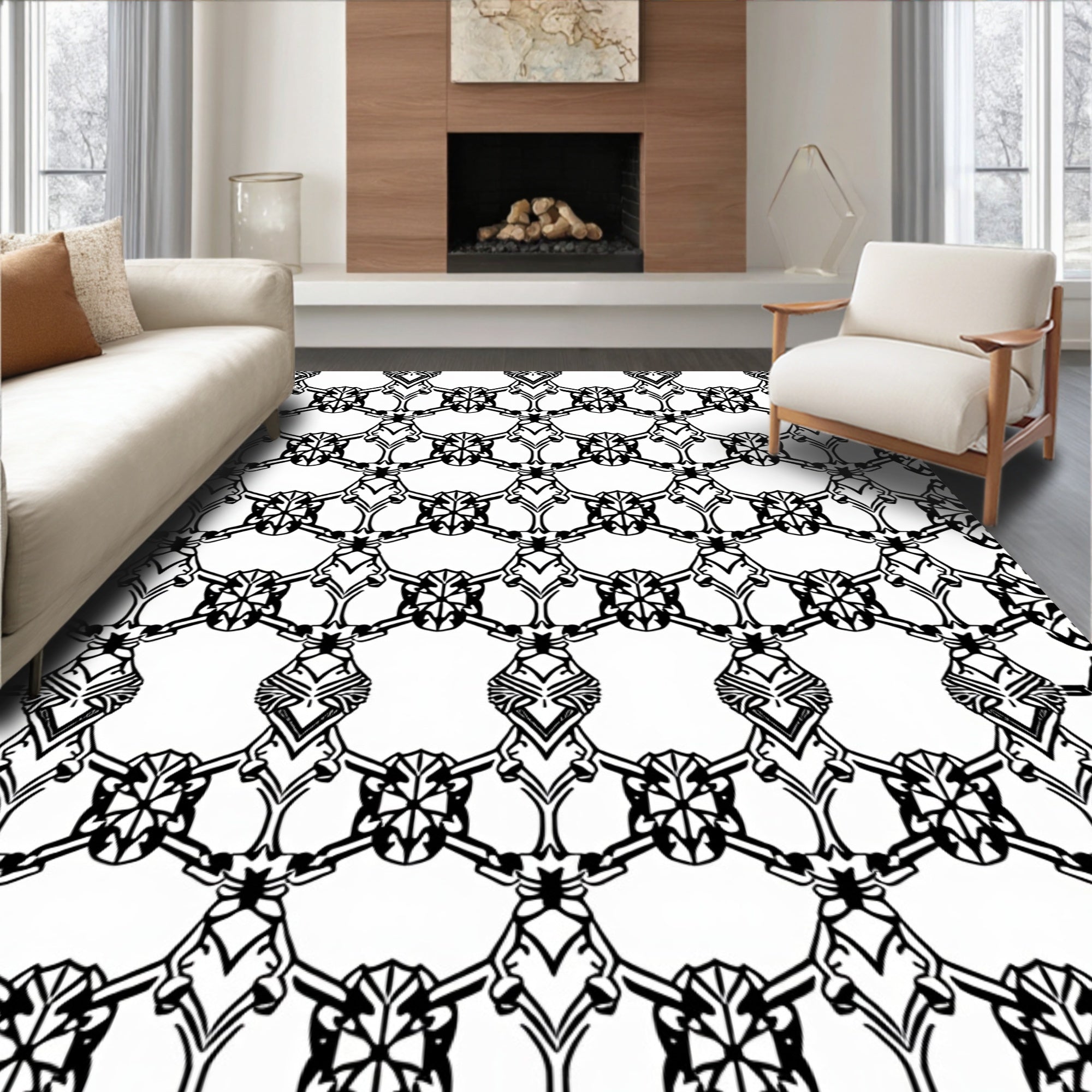 Intricate Black White Chain Link Pattern Rug
