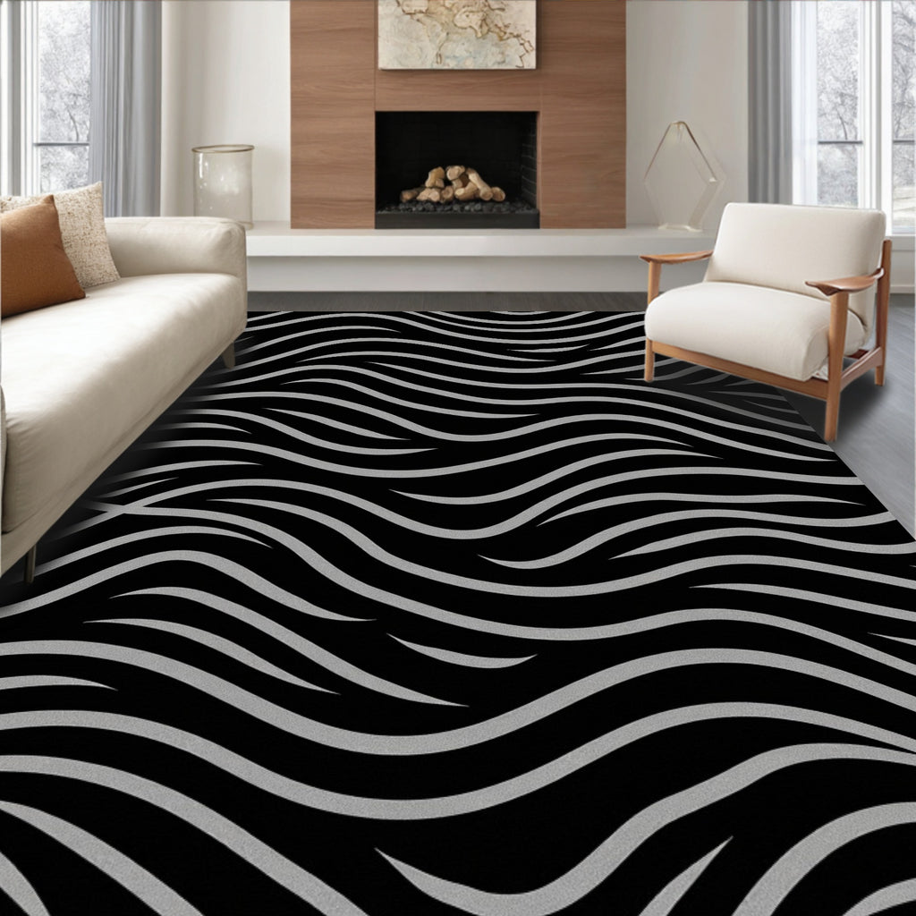 Black Silver Wavy Stripe Pattern Rug