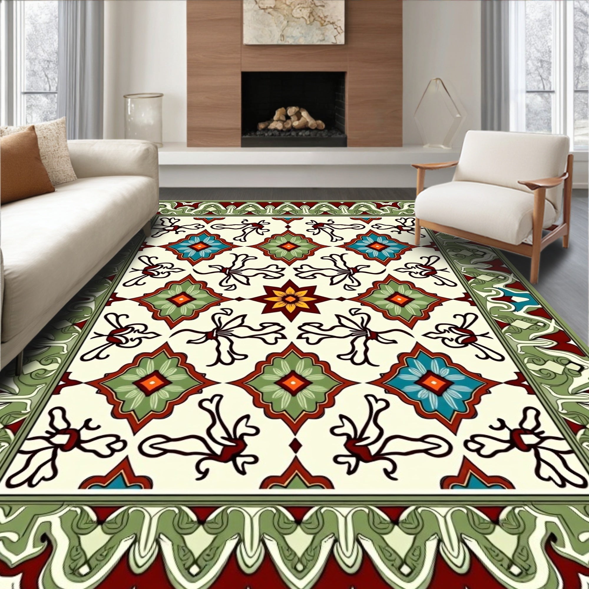 Ornate Floral Geometric Tiled Design Rug