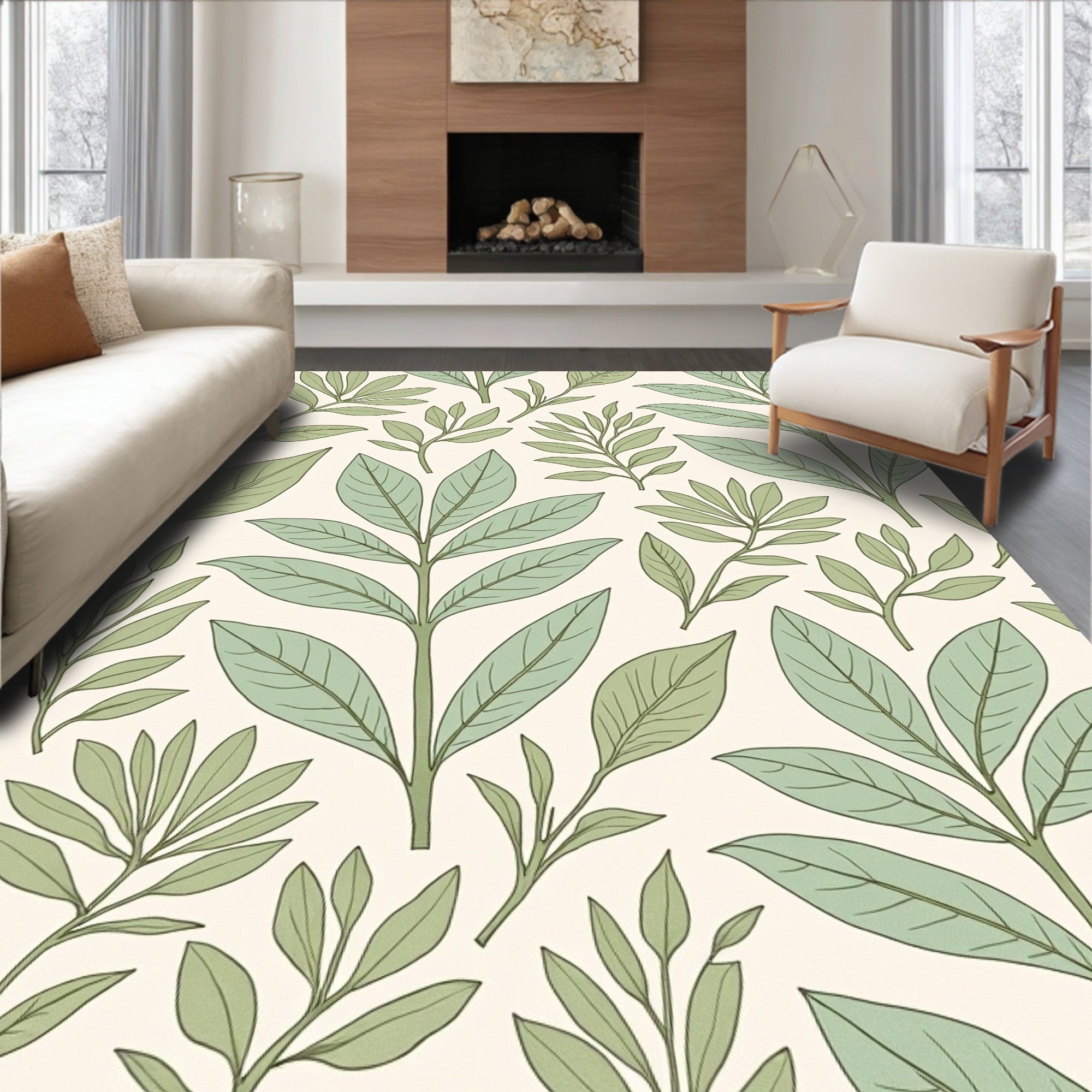 Botanical Leaf Pattern in Green and Cream Rug