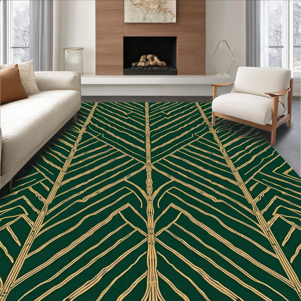 Deep Forest Green Line Art Pattern Rug