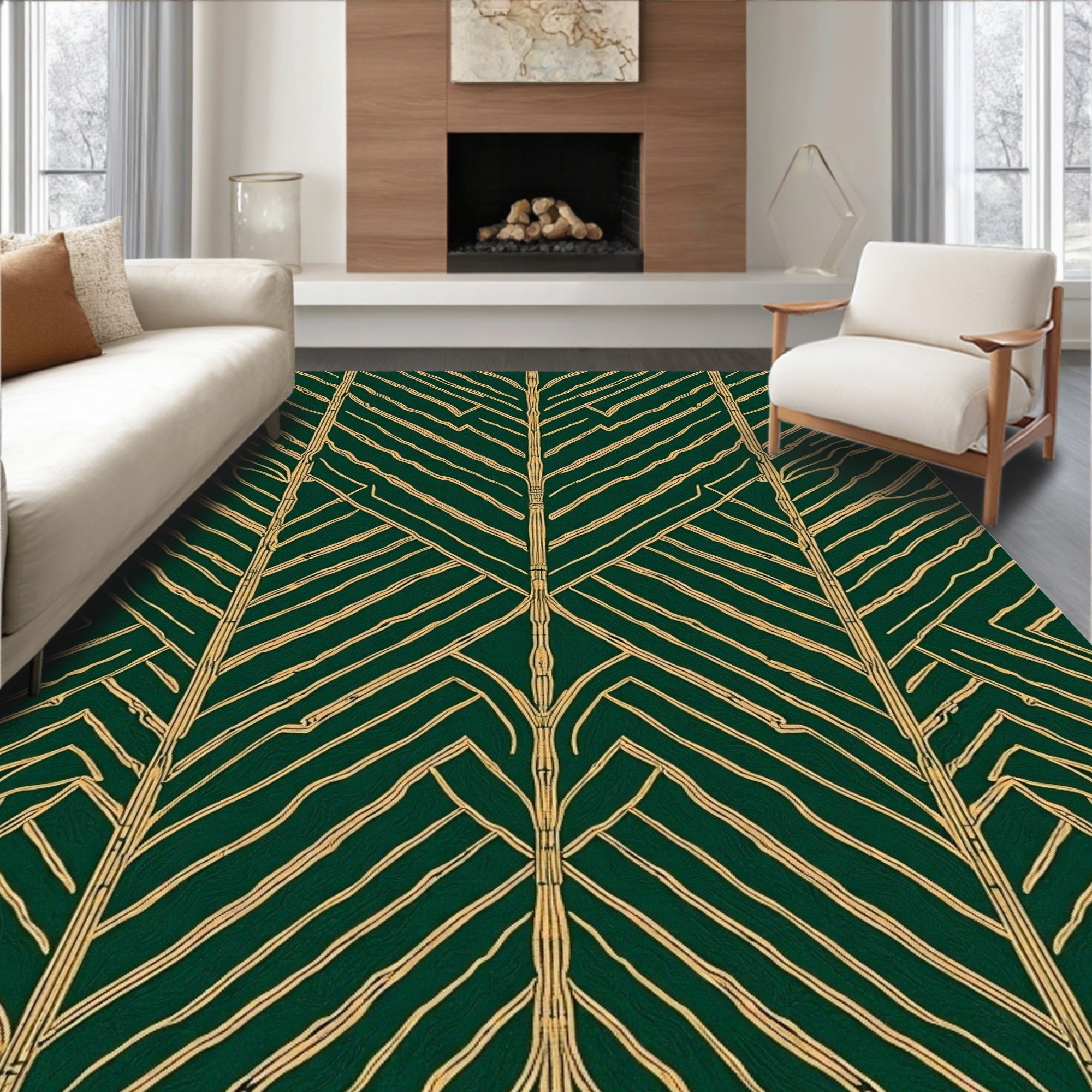 Deep Forest Green Line Art Pattern Rug