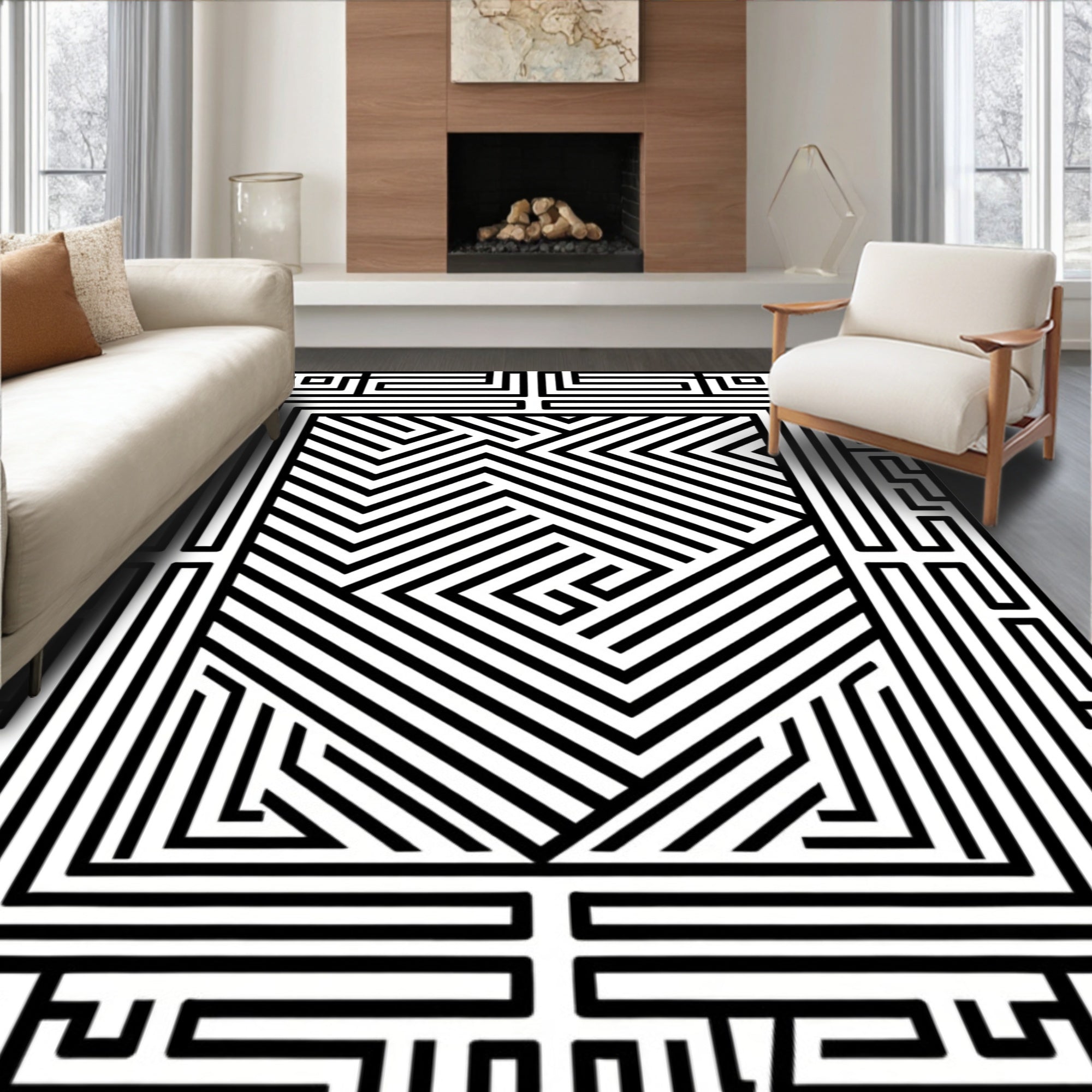 Abstract Maze Pattern Black White Rug