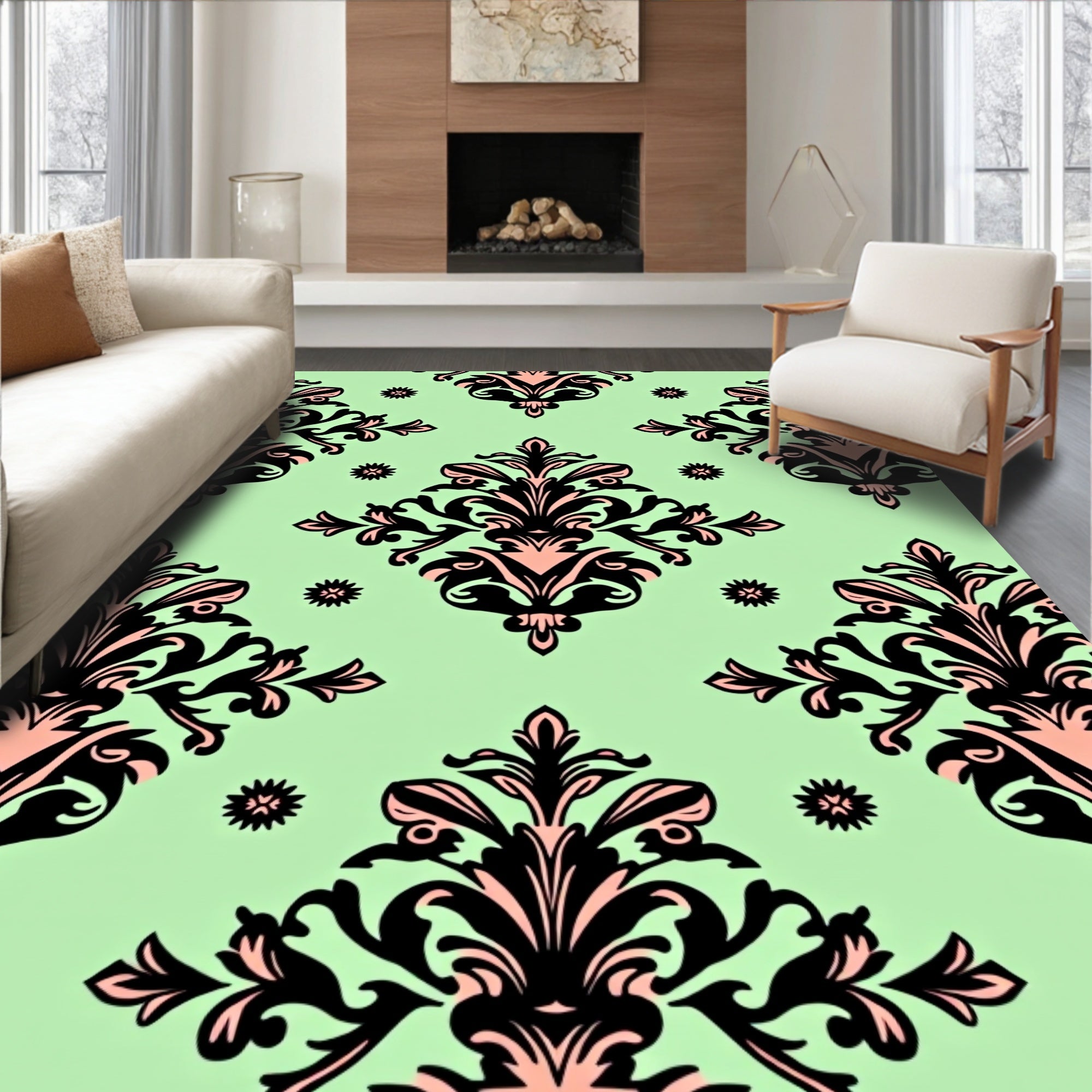 Black Pink Floral Damask Pattern Rug