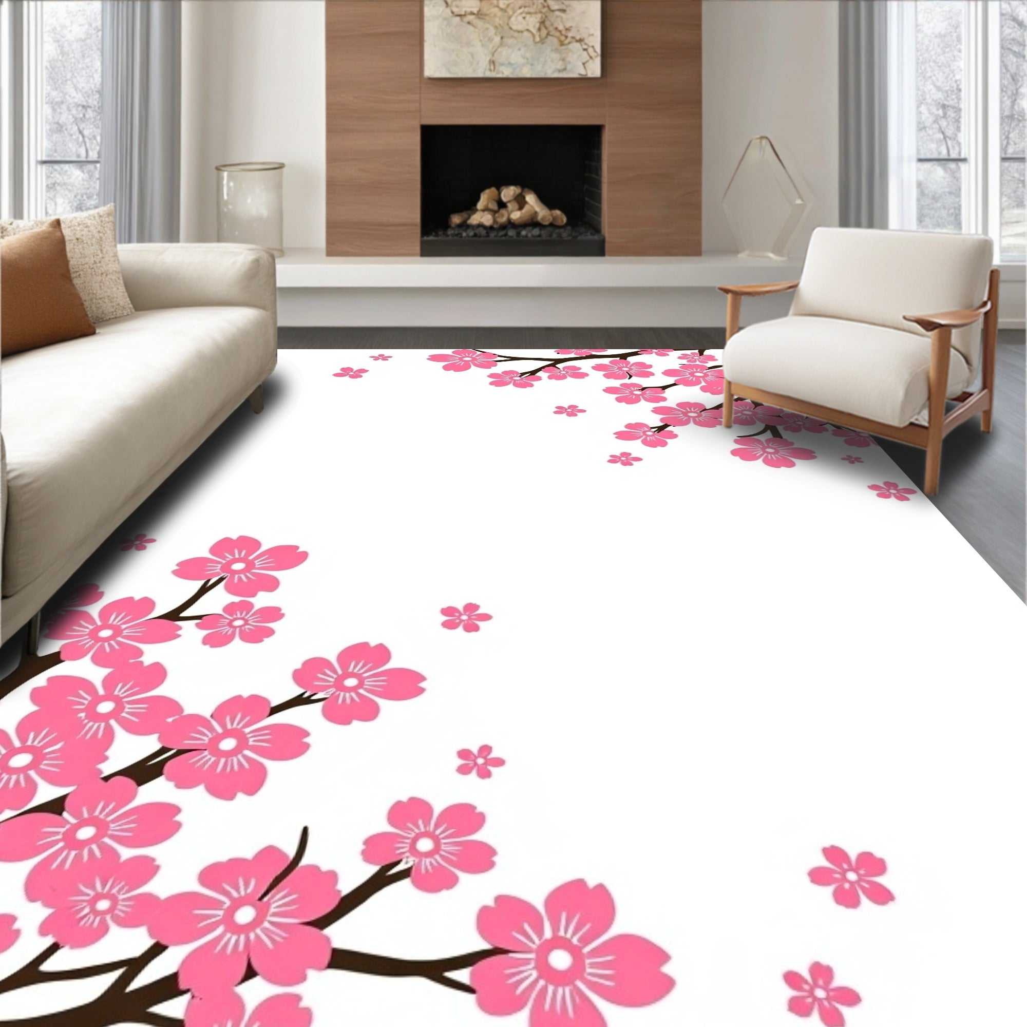 Pink Cherry Blossom Branch Art Rug