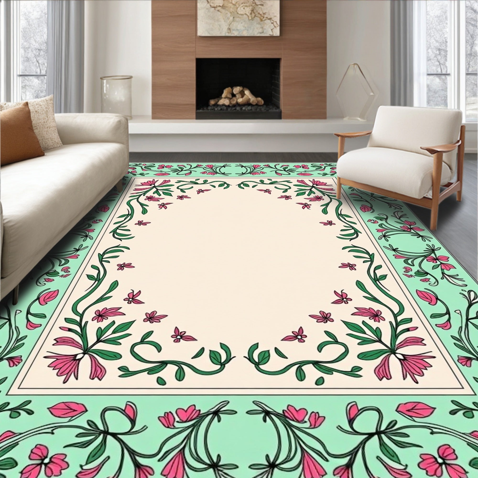 Elegant Floral Vine Border Design Rug