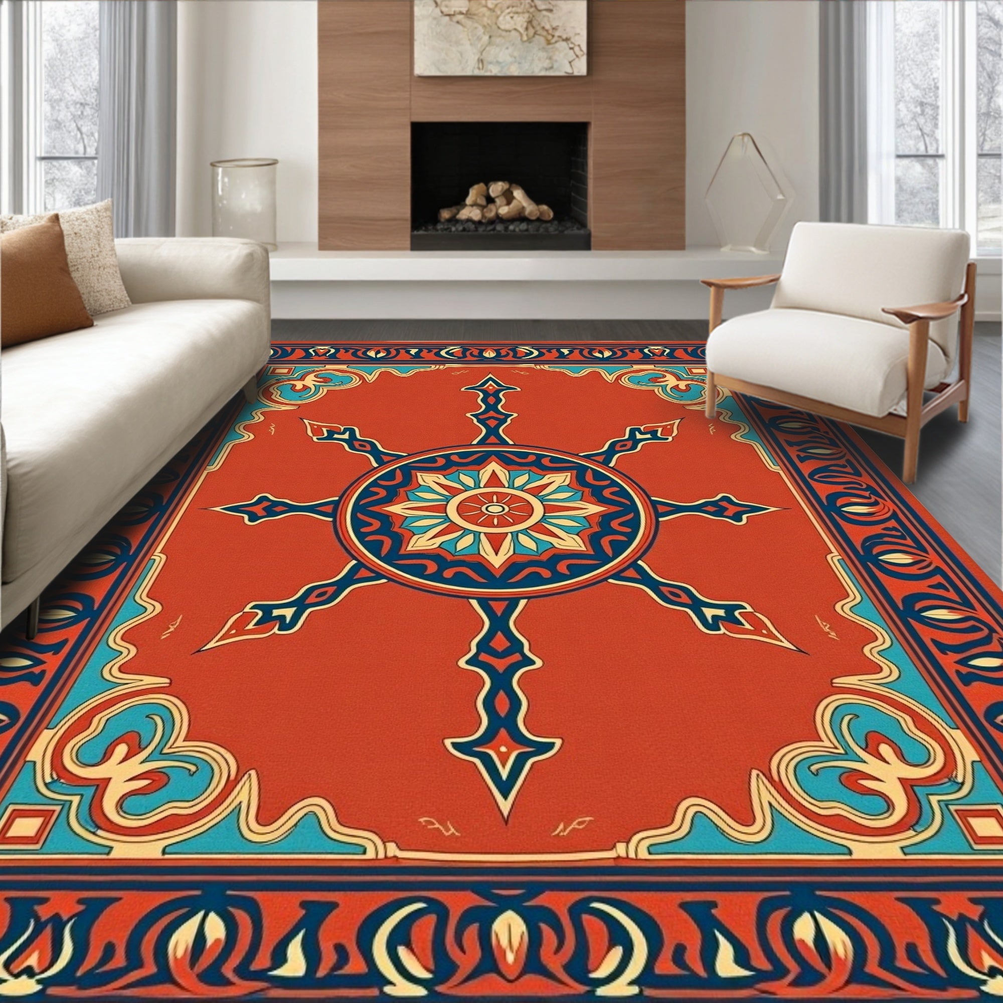 Ornate Red Blue Mandala Rug