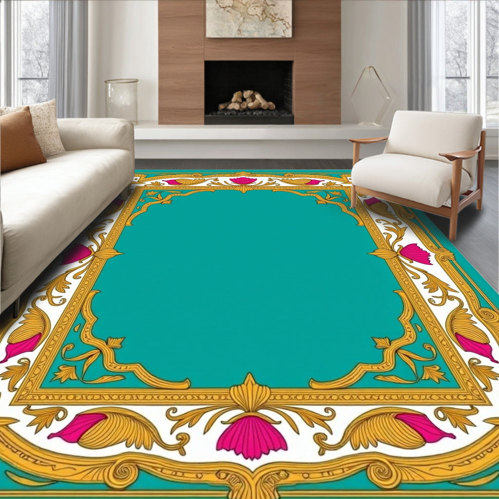 Ornate Floral Gold Teal Rug