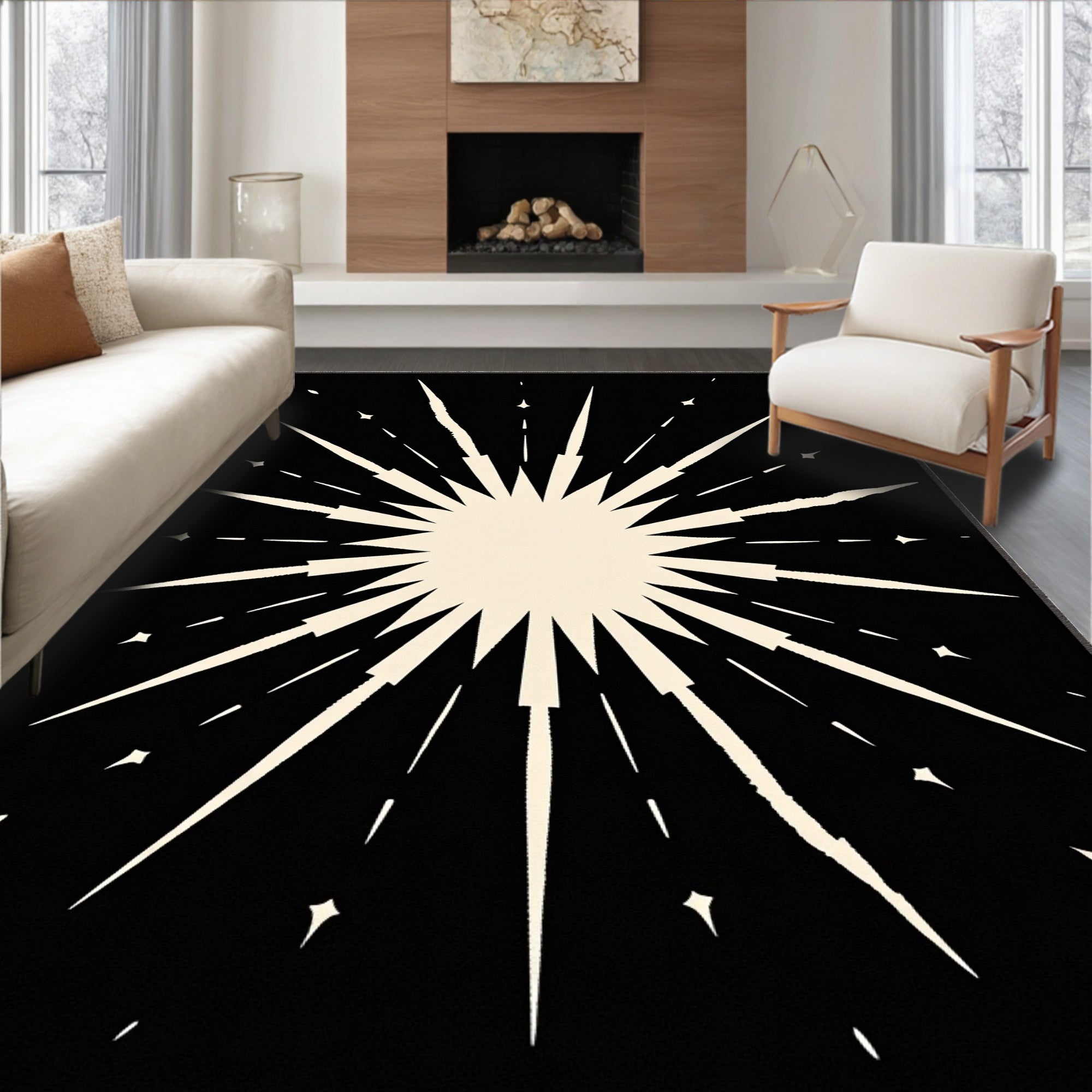 Bold Starburst Patterned Black Rug