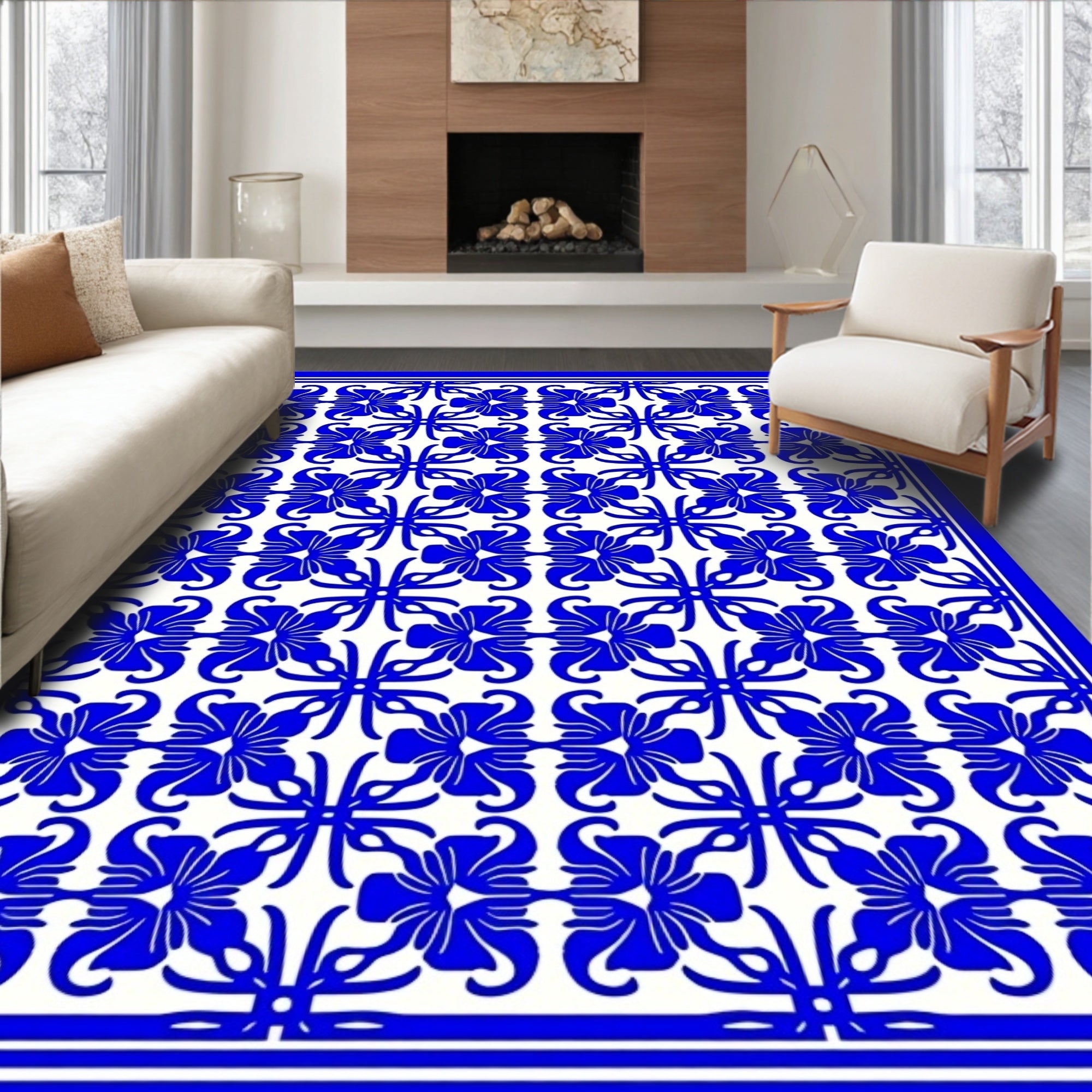 Chinoiserie Blue Floral Repeating Pattern Rug