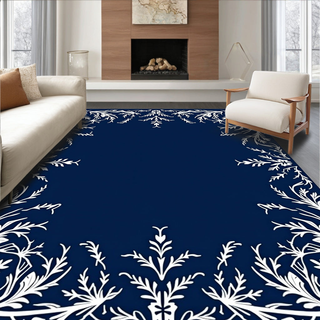Deep Blue White Floral Border Rug