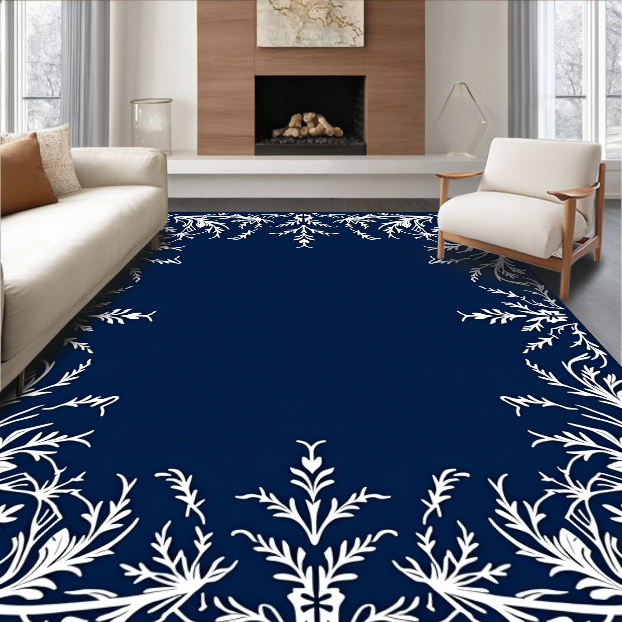 Deep Blue White Floral Border Rug