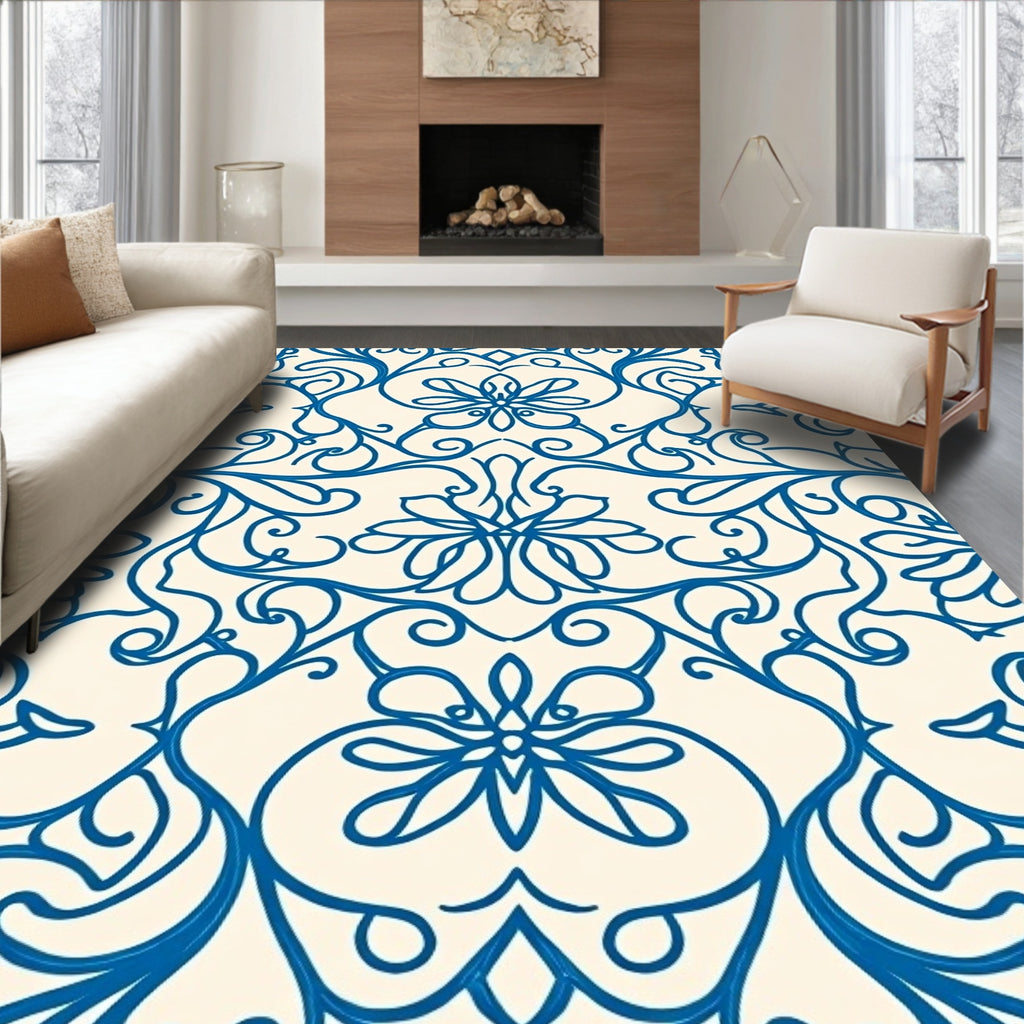 Blue Swirling Floral Vine Pattern Rug