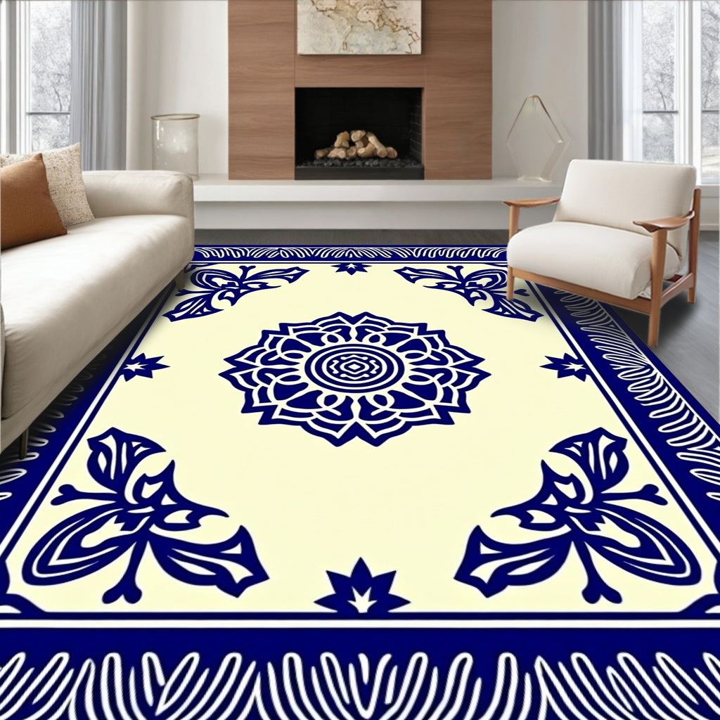 Classic Blue Floral Mandala Border Rug