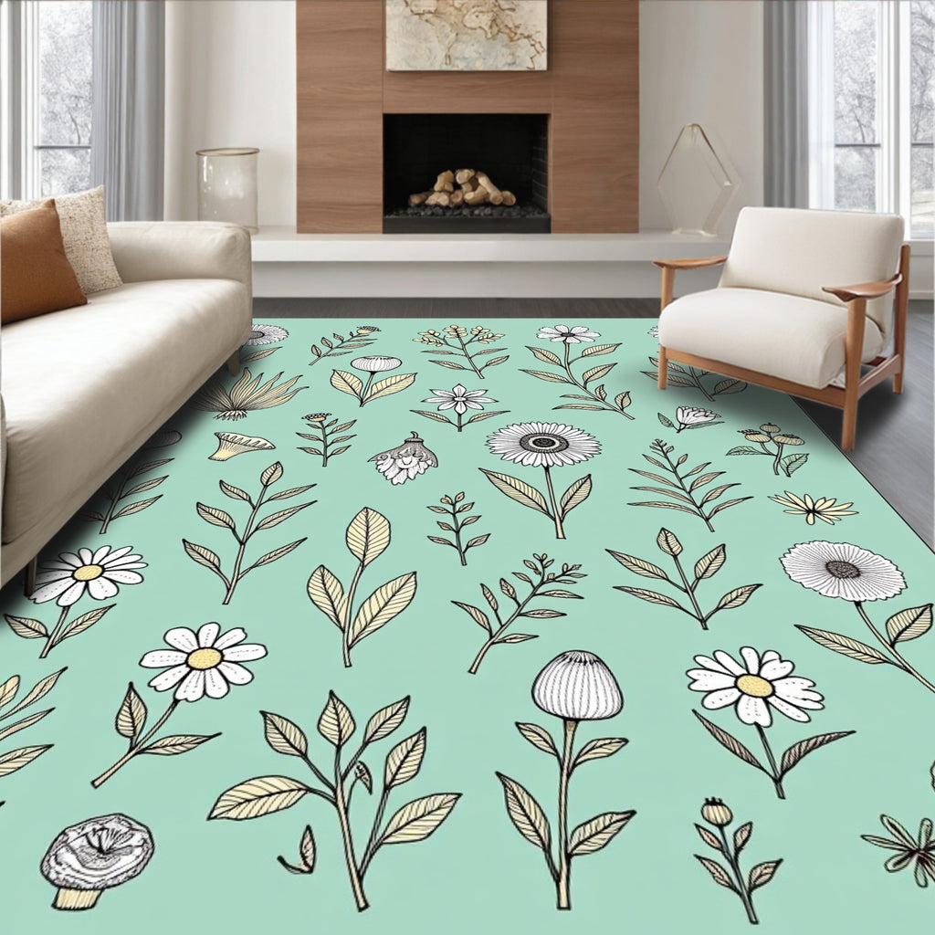Botanical Sketch Floral Pattern Rug