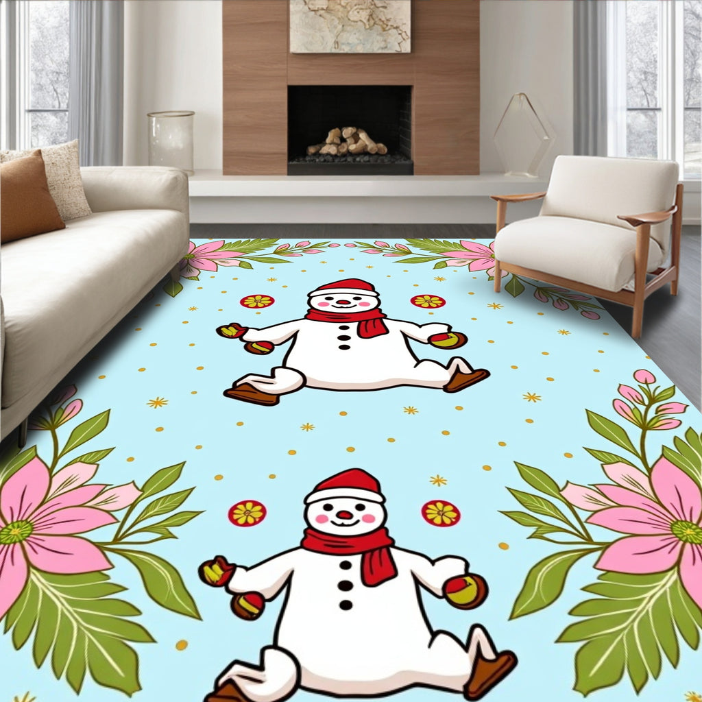 Winter Snowman Floral Border Rug