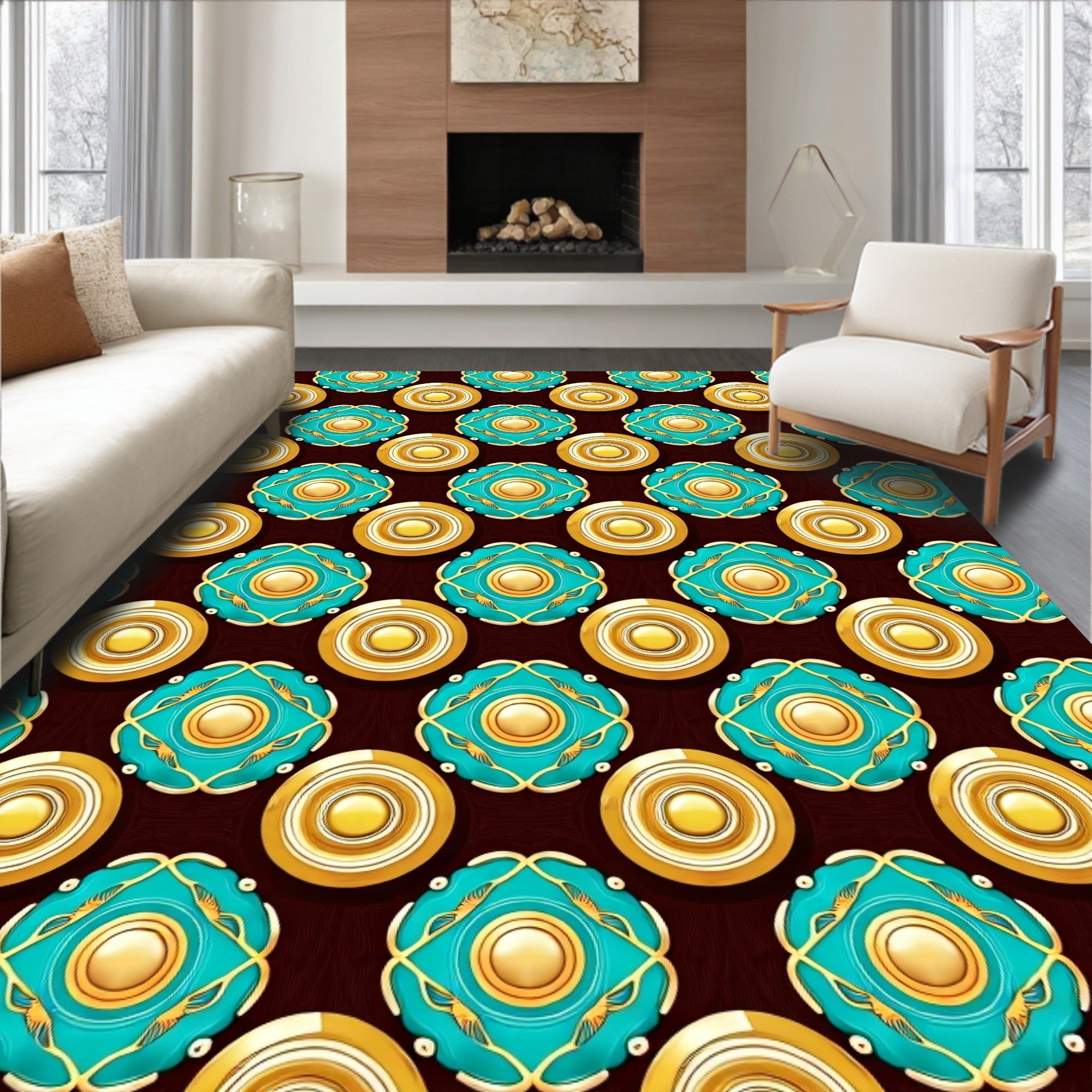 Elegant Teal Gold Medallion Pattern Rug