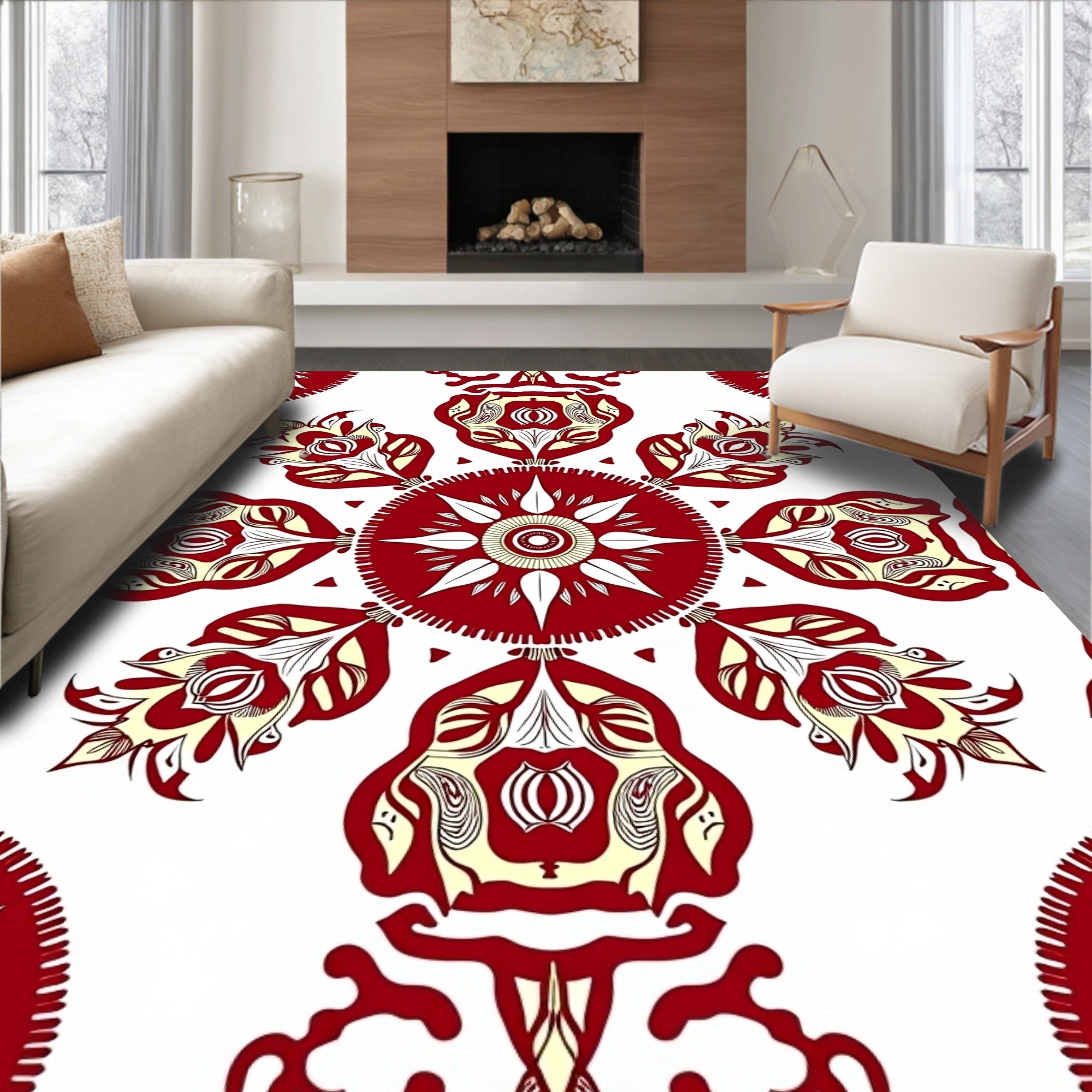 Red Yellow Floral Mandala Design Rug