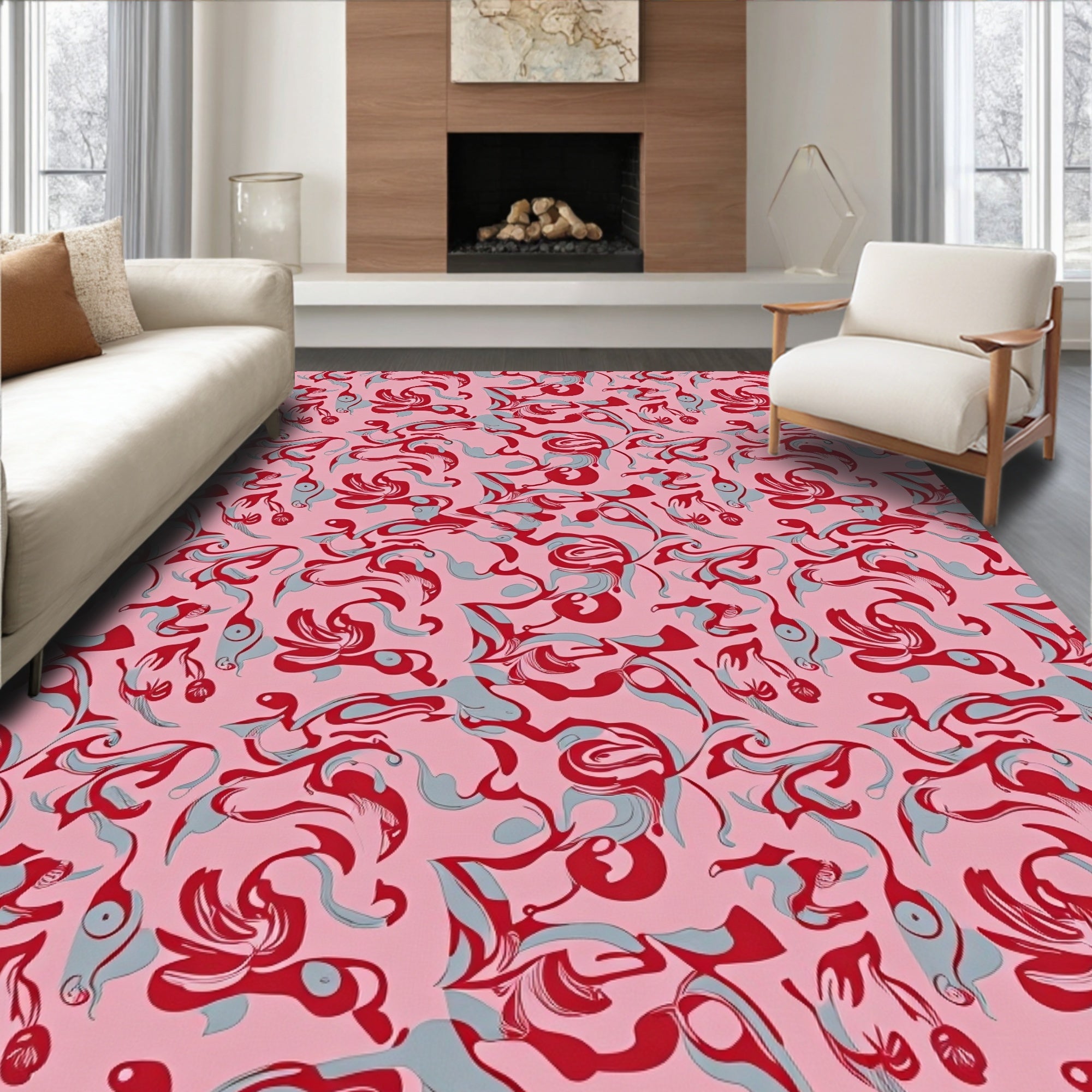 Playful Pink Red Swirl Pattern Rug